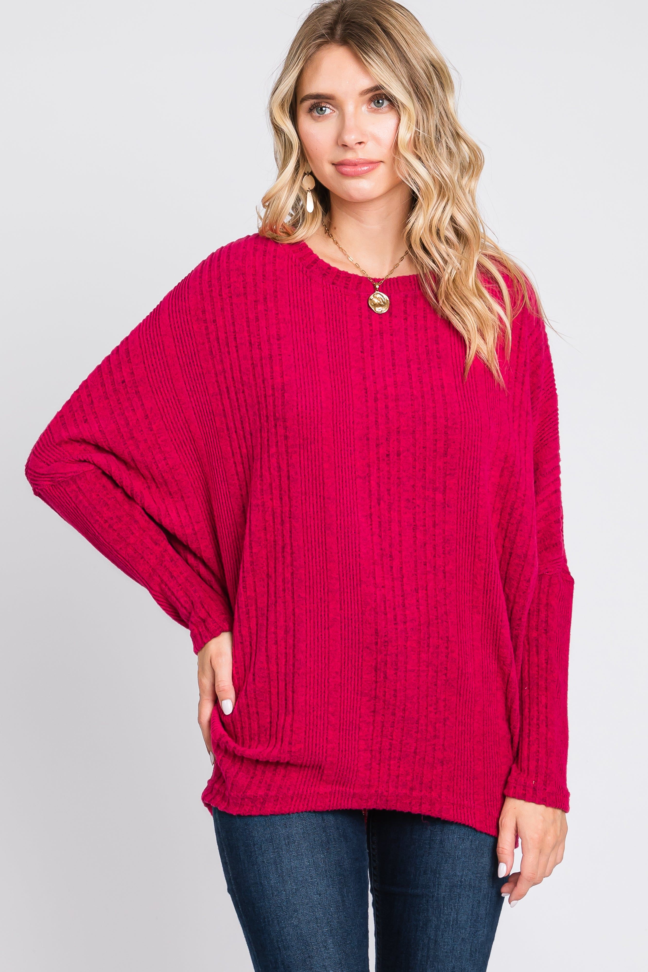 Fuchsia Ribbed Brushed Knit Dolman Sleeve Top sold by Pinkblush
