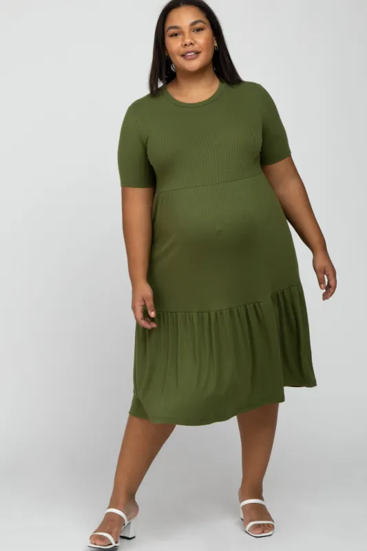 Olive Ribbed Tiered Maternity Plus Dress sold by Pinkblush