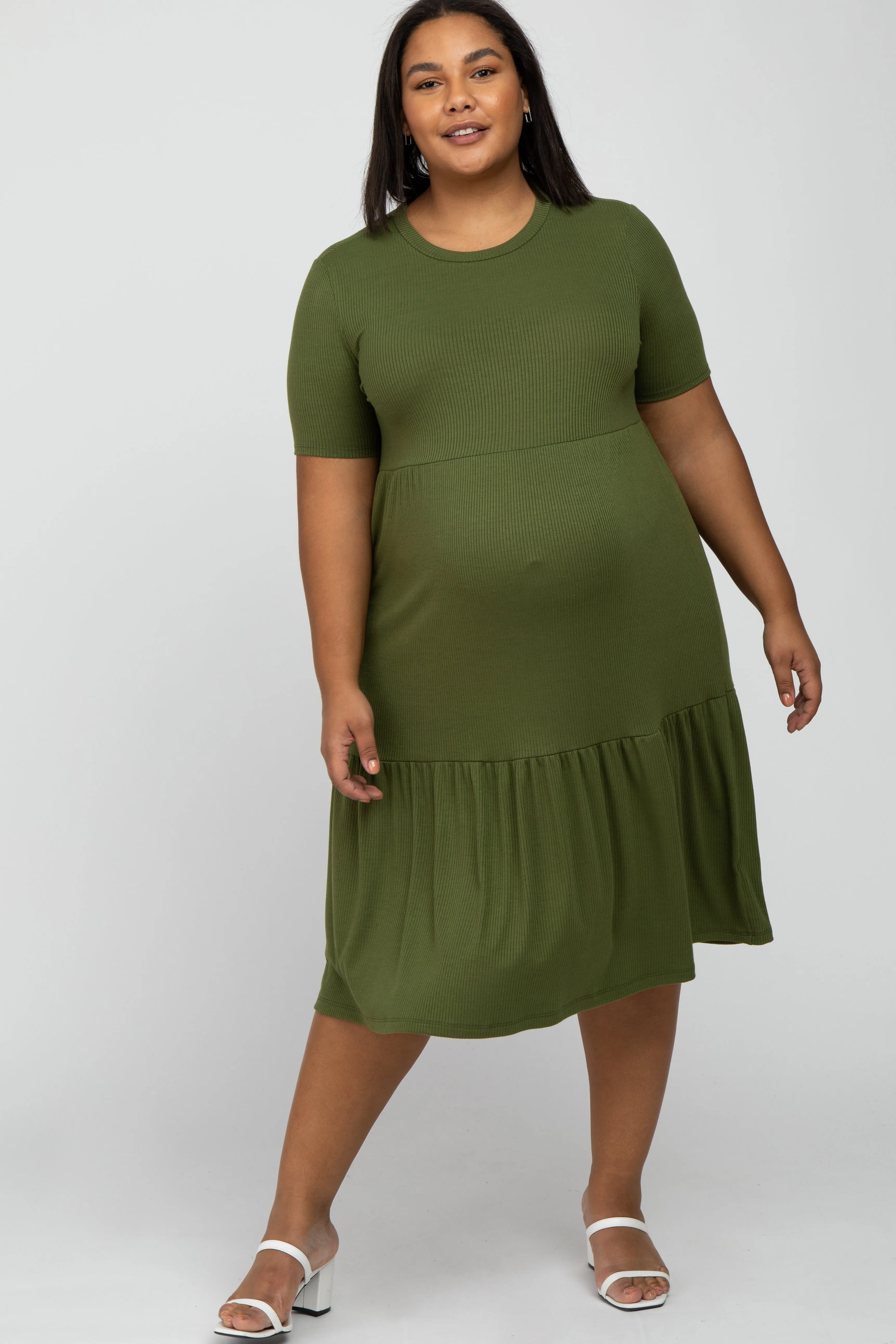 Olive Ribbed Tiered Maternity Plus Dress sold by Pinkblush