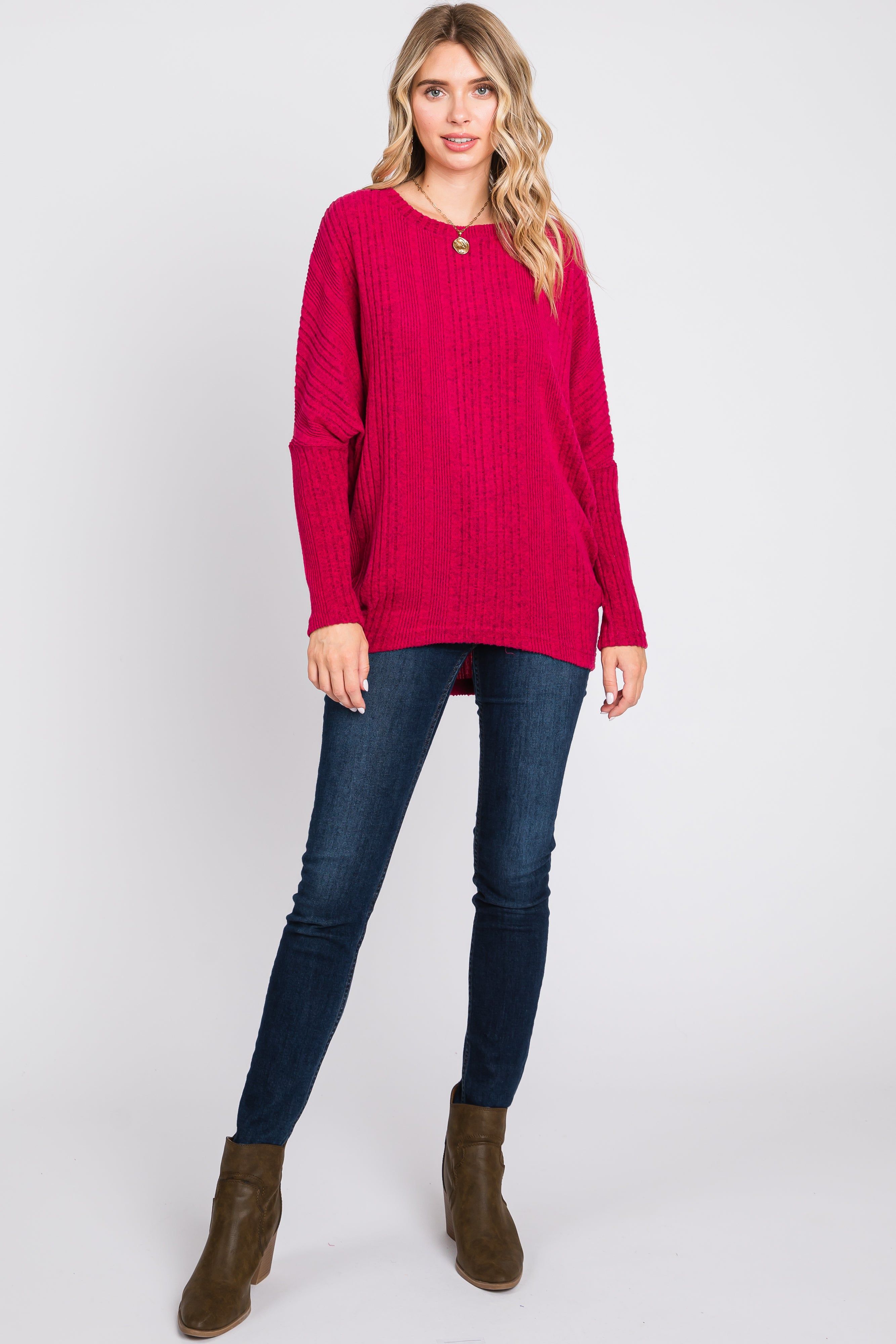 Fuchsia Ribbed Brushed Knit Dolman Sleeve Top sold by Pinkblush product image thumbnail 4