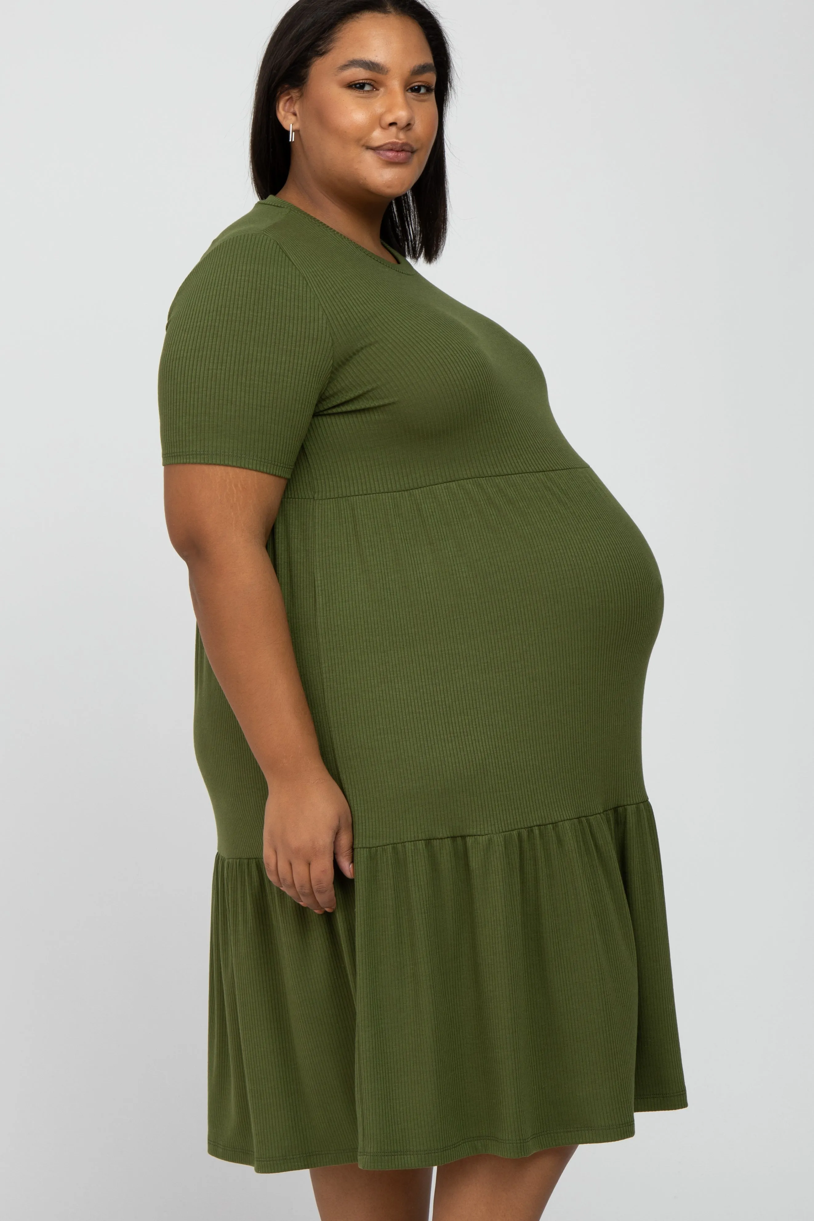 Olive Ribbed Tiered Maternity Plus Dress sold by Pinkblush product image thumbnail 3