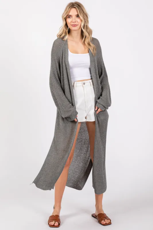 Gray Knit Side Slit Long Cardigan sold by Pinkblush