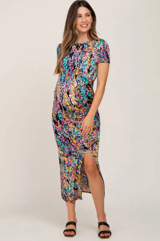 Black Multi-Color Floral Side Slit Maternity Maxi Dress sold by Pinkblush