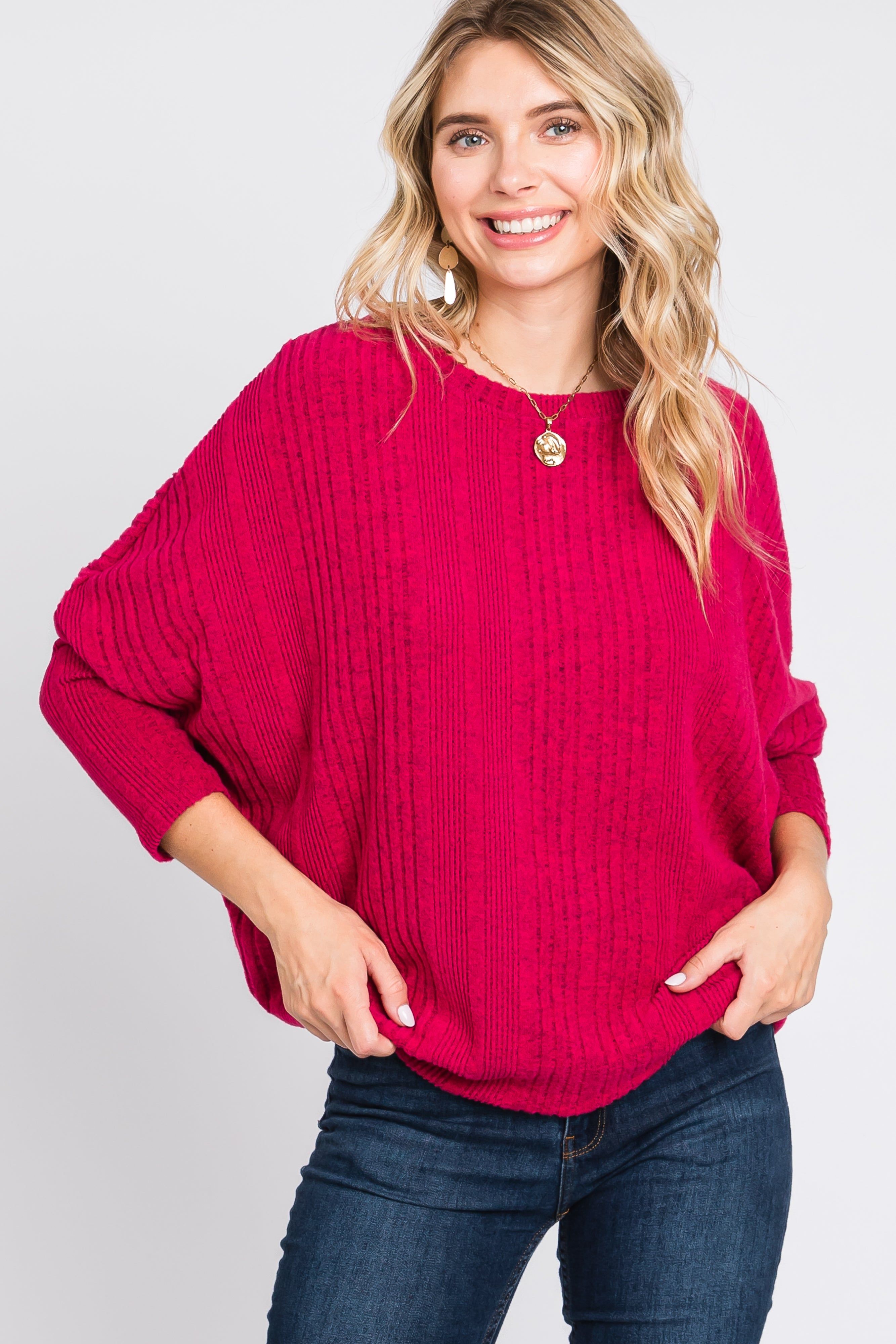 Fuchsia Ribbed Brushed Knit Dolman Sleeve Top sold by Pinkblush product image thumbnail 5