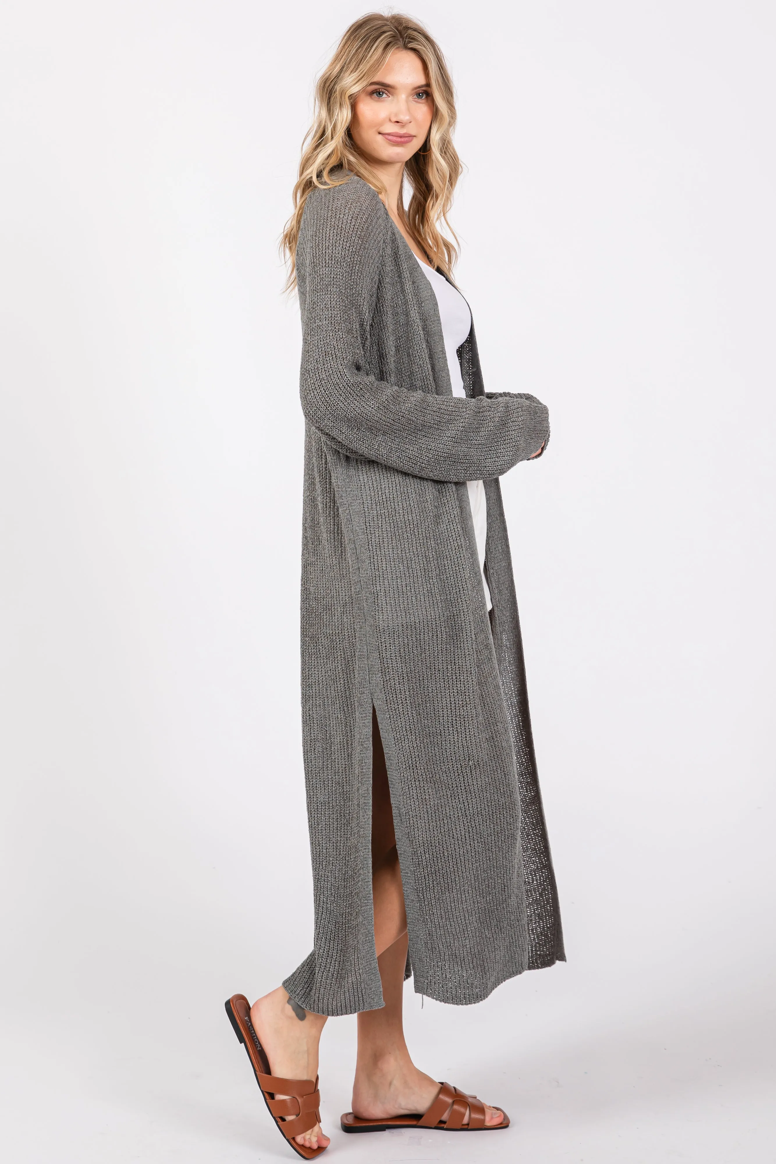 Gray Knit Side Slit Long Cardigan sold by Pinkblush product image thumbnail 2