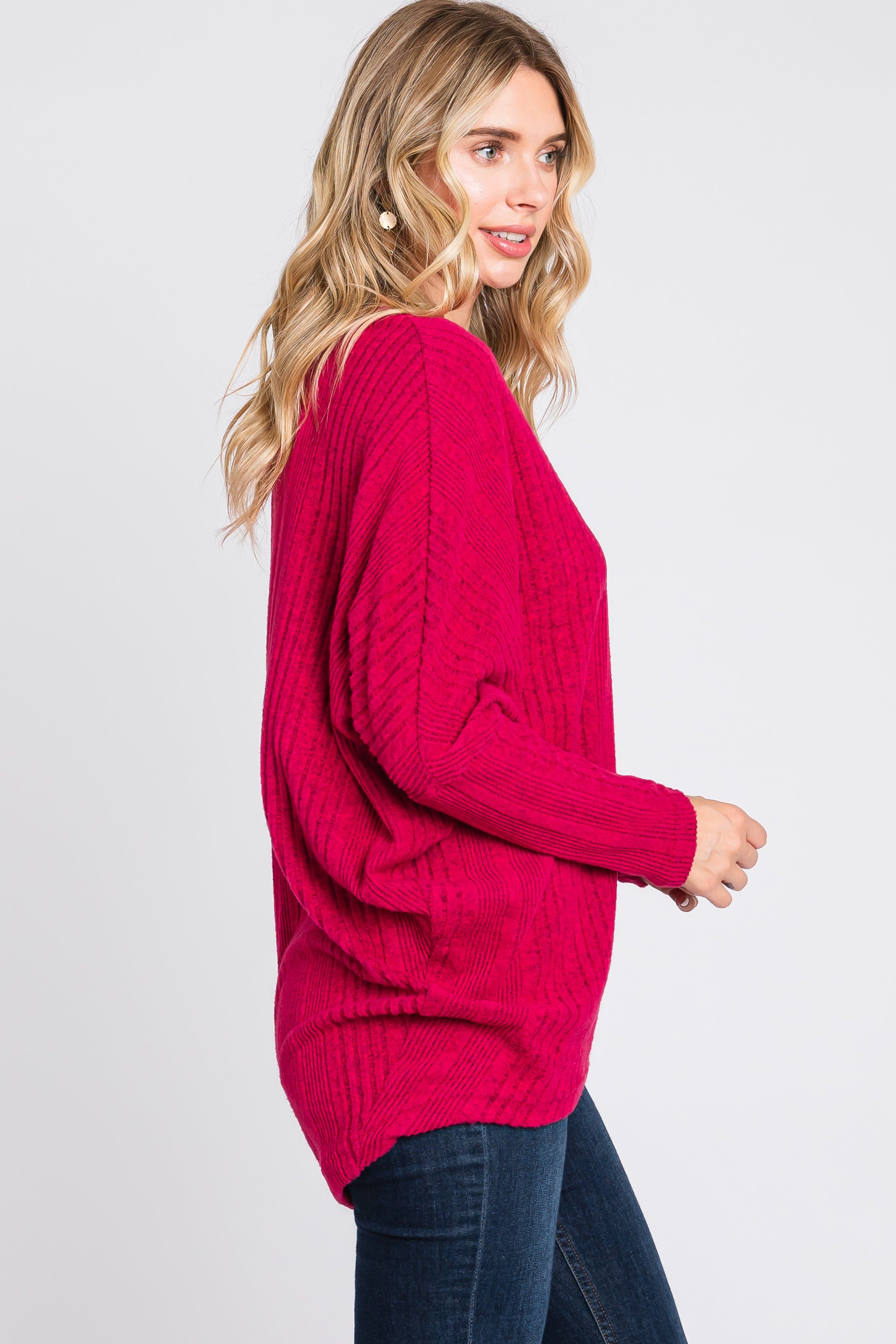 Fuchsia Ribbed Brushed Knit Dolman Sleeve Top sold by Pinkblush product image thumbnail 2