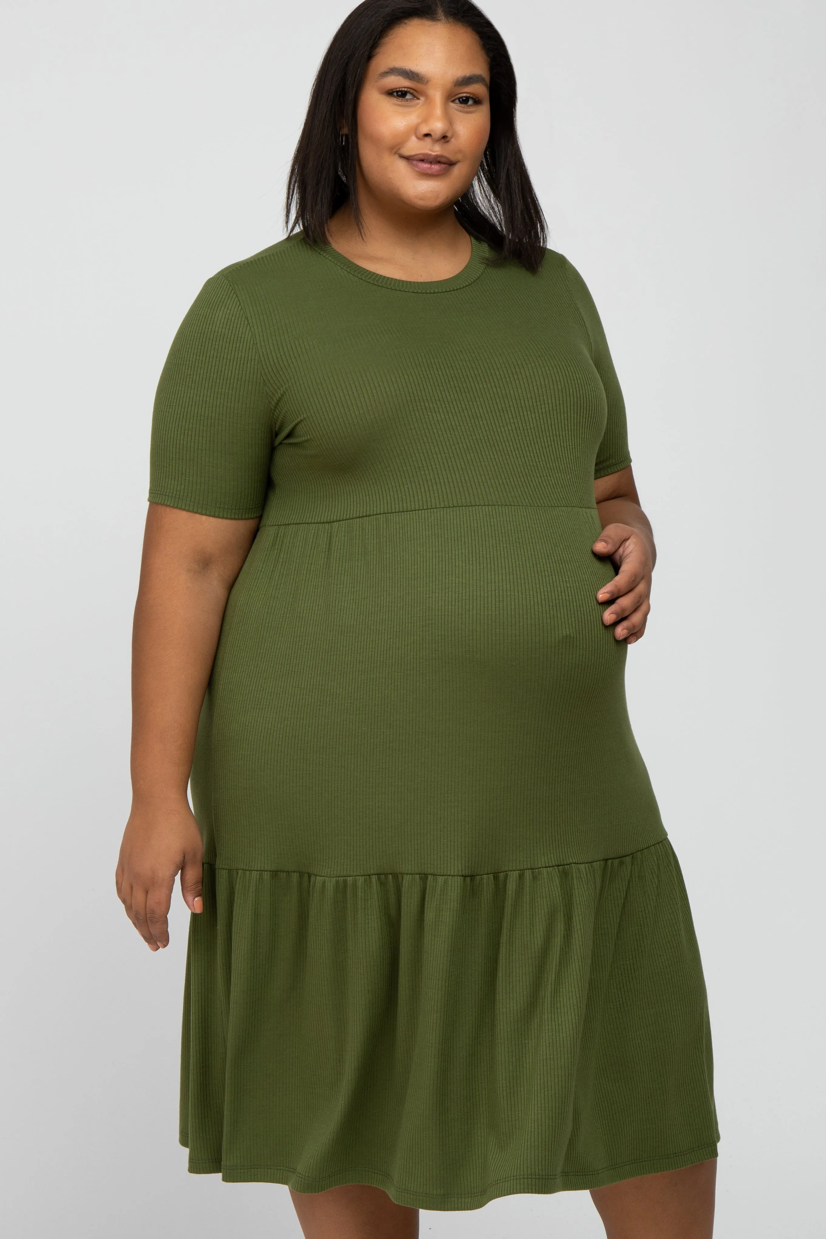 Olive Ribbed Tiered Maternity Plus Dress sold by Pinkblush product image thumbnail 2