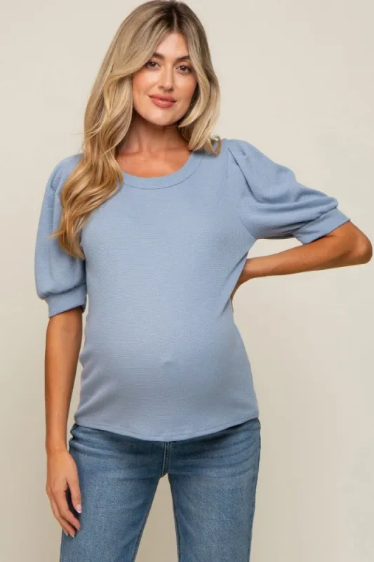 Blue Puff Sleeve Waffle Knit Maternity Top sold by Pinkblush
