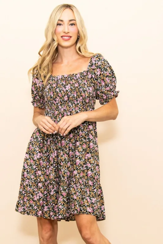 Black Floral Smocked Square Neck Short Sleeve Dress made by Pinkblush