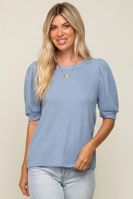 Blue Puff Sleeve Waffle Knit Top sold by Pinkblush