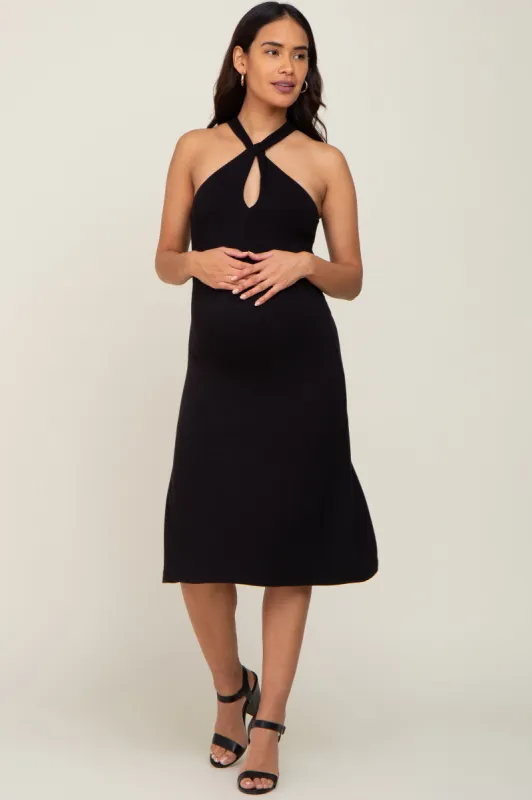 Black Halter Twist Maternity Midi Dress sold by Pinkblush