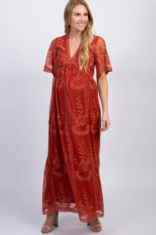 PinkBlush Rust Lace Mesh Overlay Maternity Maxi Dress sold by Pinkblush