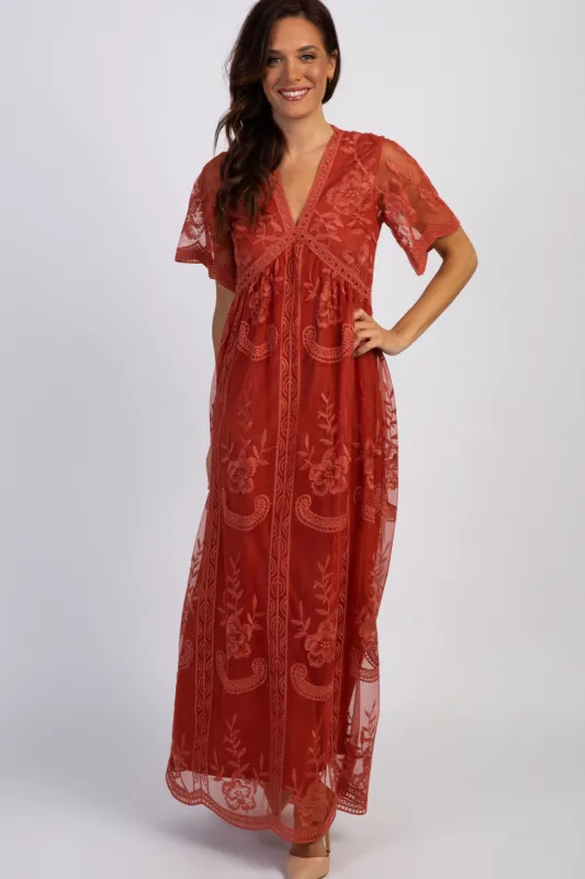 PinkBlush Rust Lace Mesh Overlay Maxi Dress sold by Pinkblush