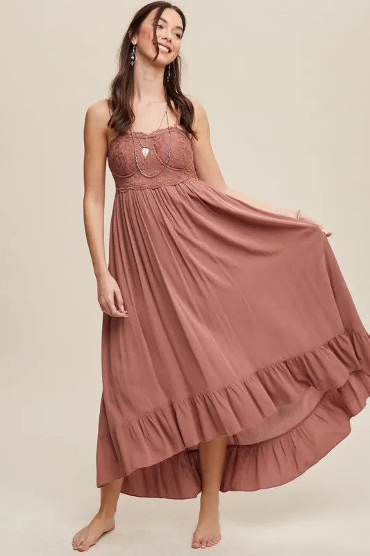 Rust High-Low Knit Lace Dress sold by Pinkblush