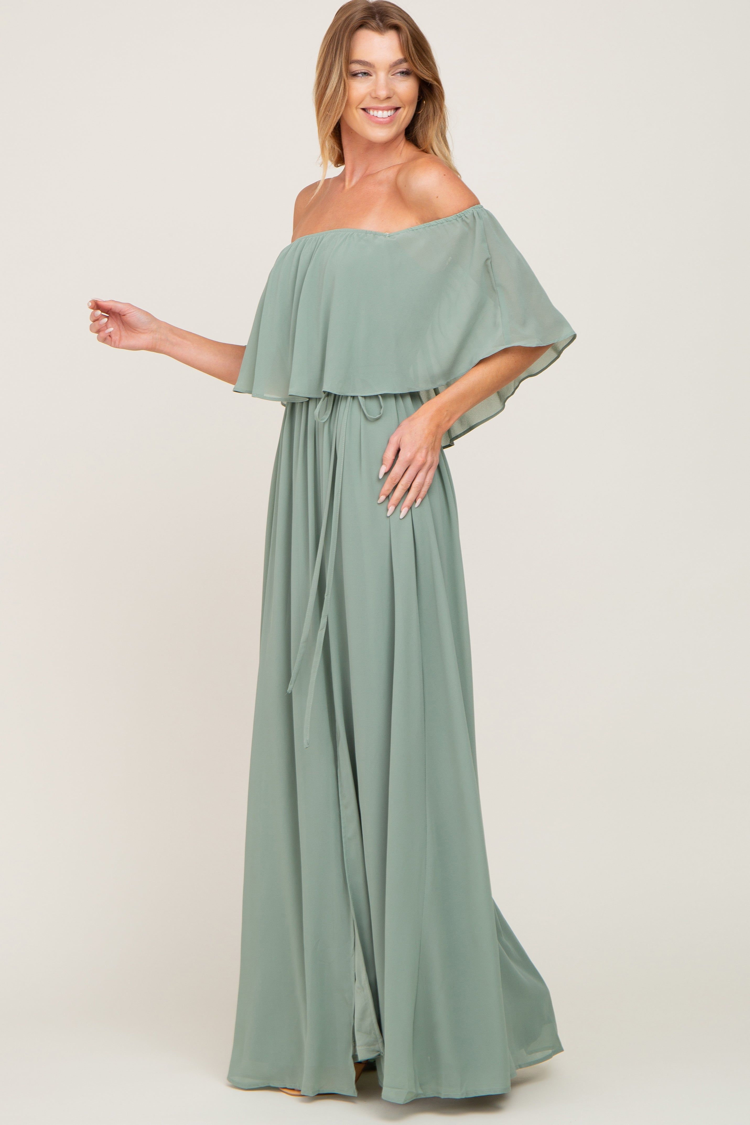 Light Olive Chiffon Off Shoulder Maxi Dress sold by Pinkblush product image thumbnail 2