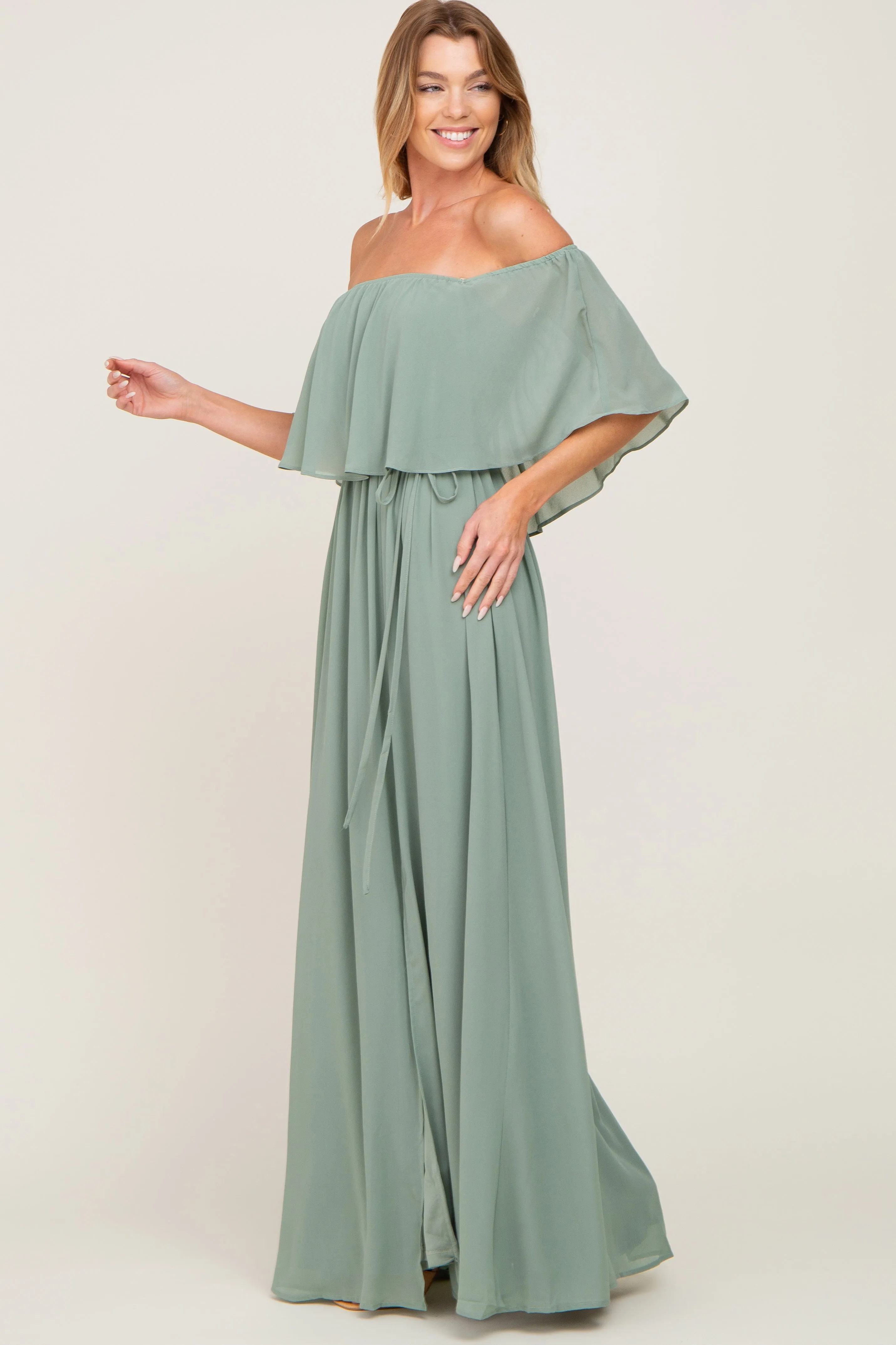 Light Olive Chiffon Off Shoulder Maxi Dress sold by Pinkblush product image thumbnail 2