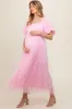 Pink Balloon Sleeve Embroidery Mesh Maternity Midi Dress sold by Pinkblush
