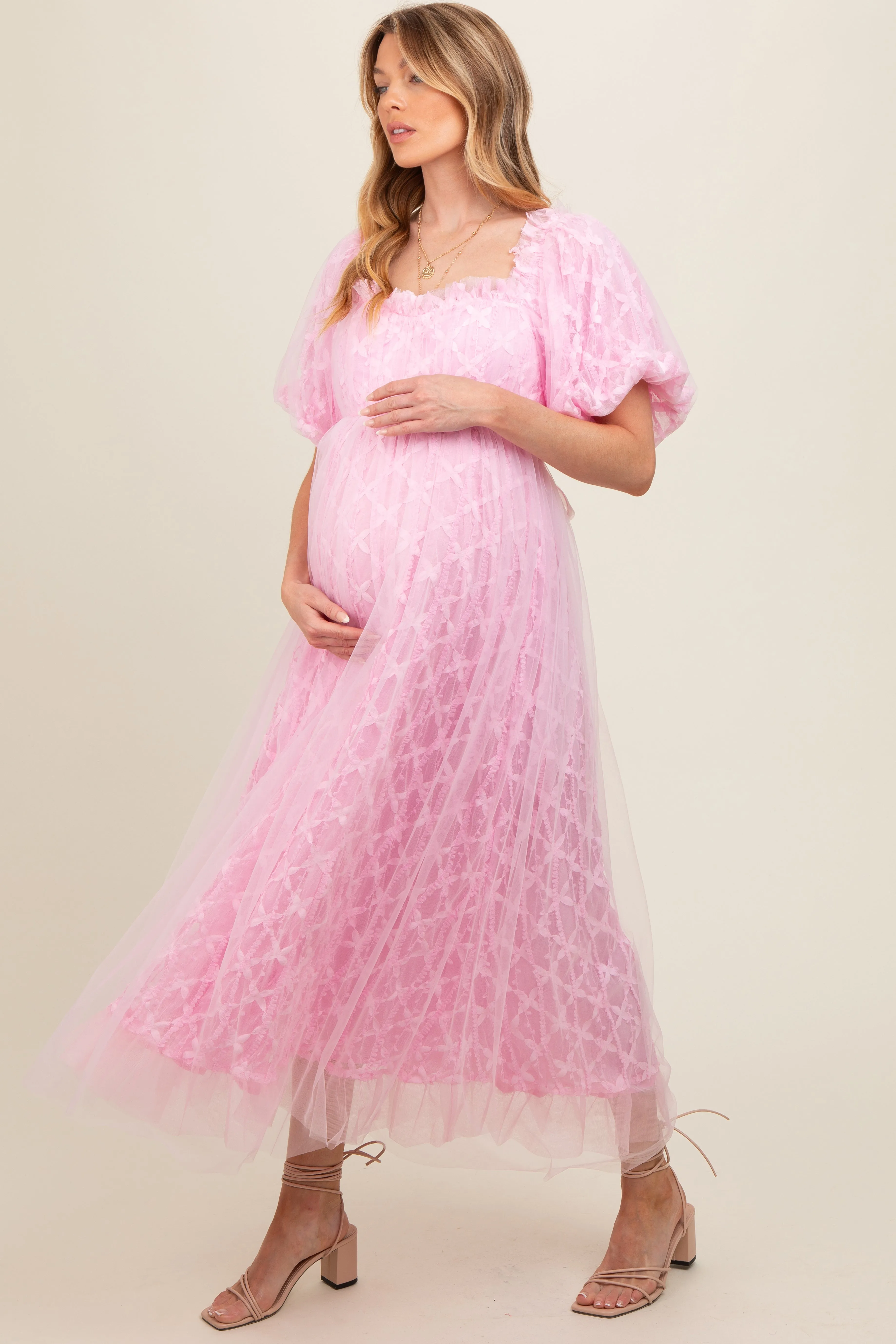 Pink Balloon Sleeve Embroidery Mesh Maternity Midi Dress sold by Pinkblush product image thumbnail 2