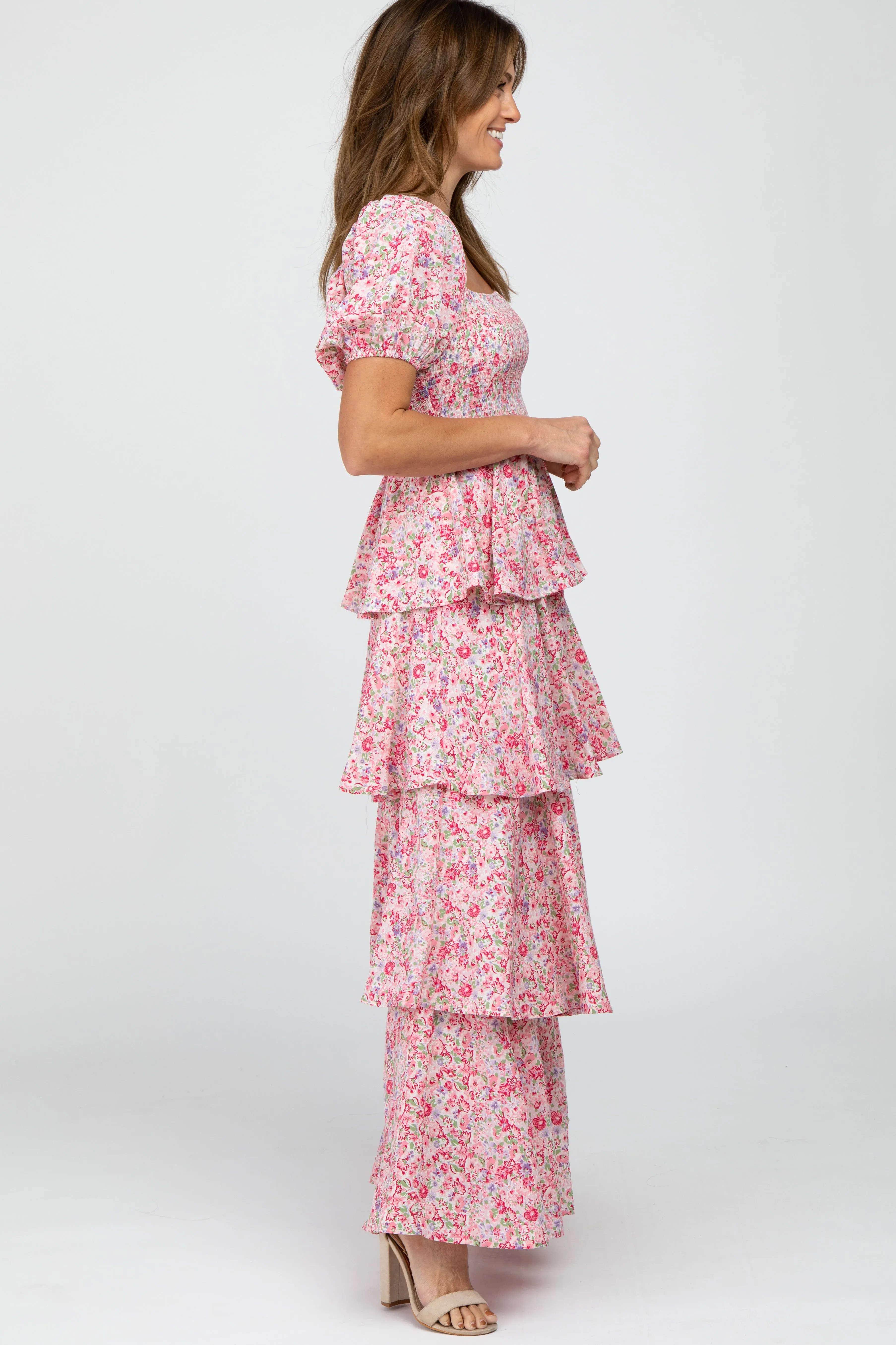 Pink Floral Square Neck Ruffle Layered Maxi Dress sold by Pinkblush product image thumbnail 2