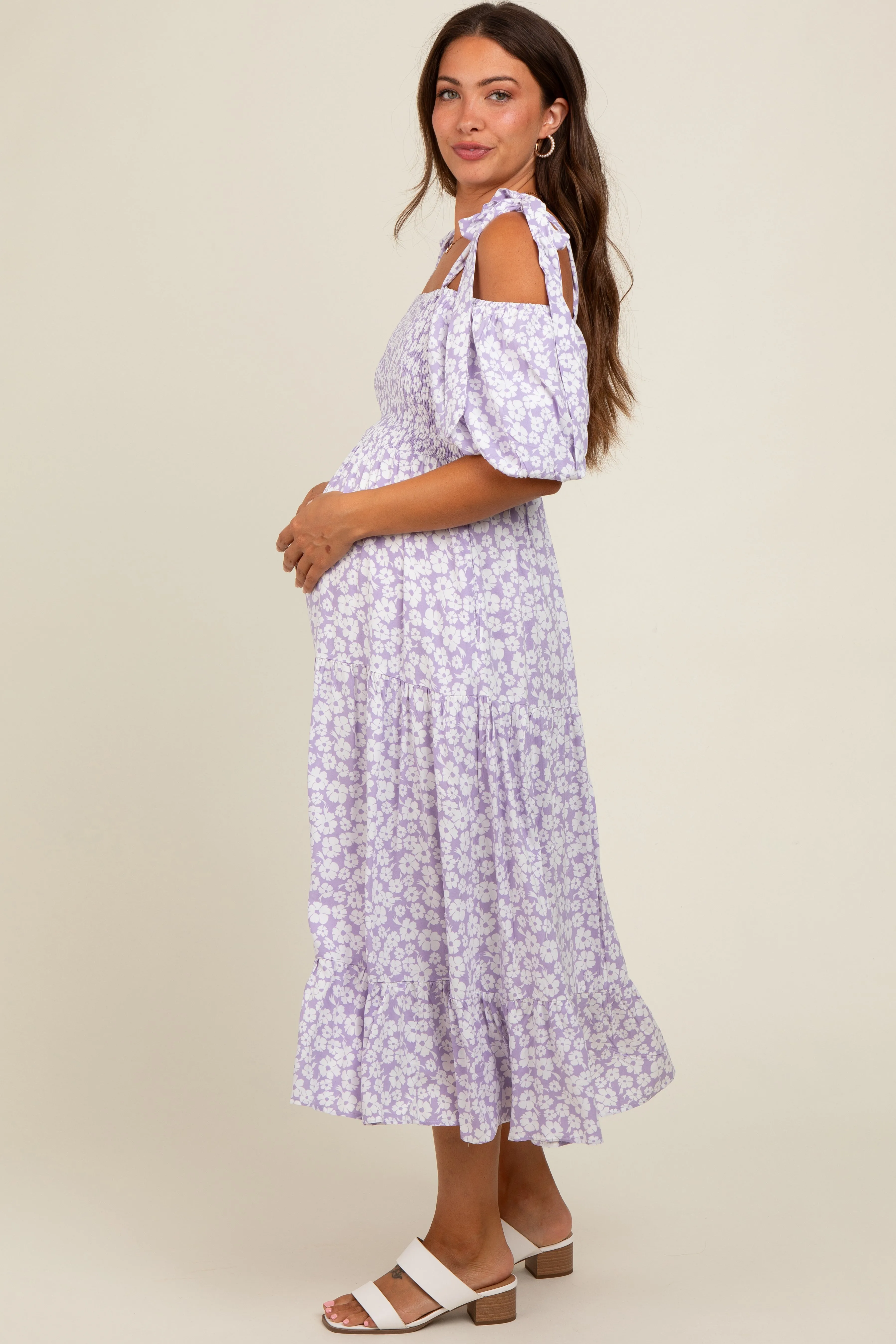 Lavender Floral Off Shoulder Smocked Maternity Dress sold by Pinkblush product image thumbnail 3