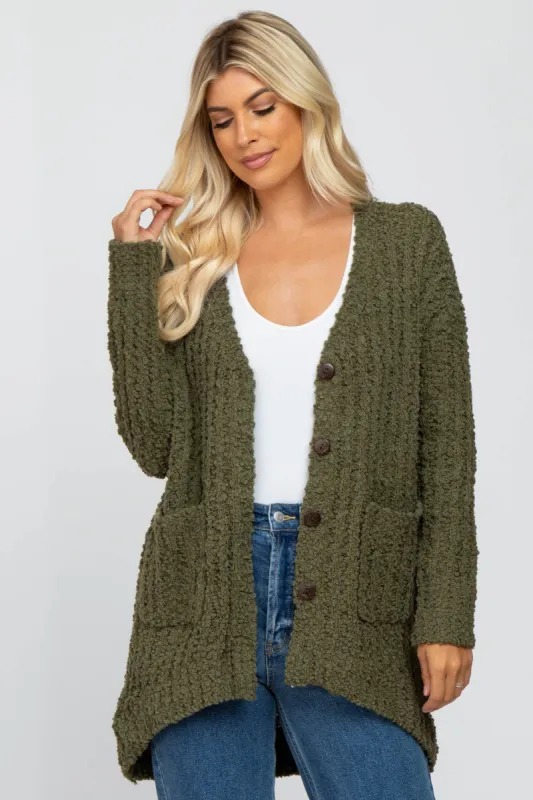 Olive Popcorn Knit Hi-Low Cardigan sold by Pinkblush