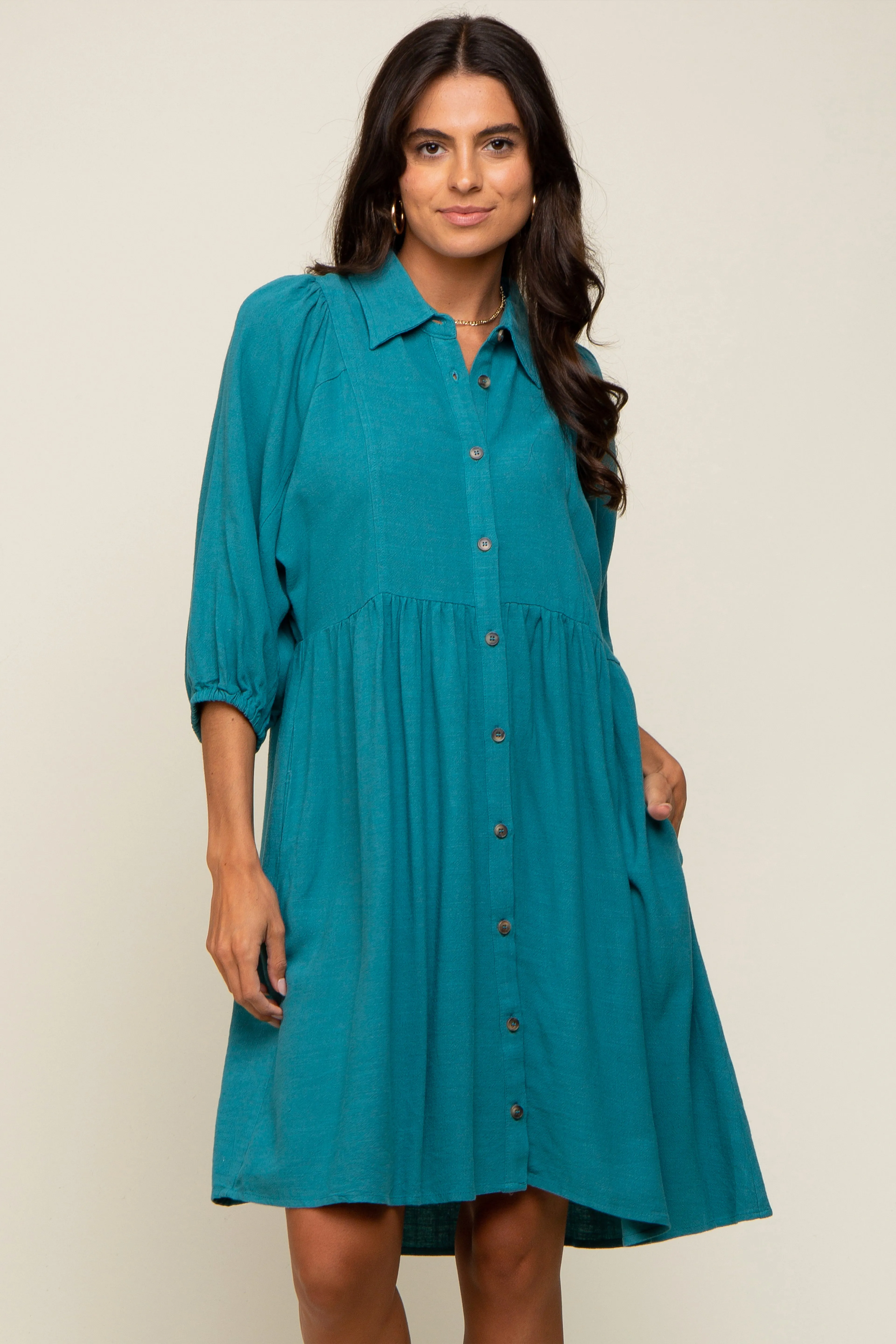 Teal Button Down Collared Dress sold by Pinkblush product image thumbnail 4
