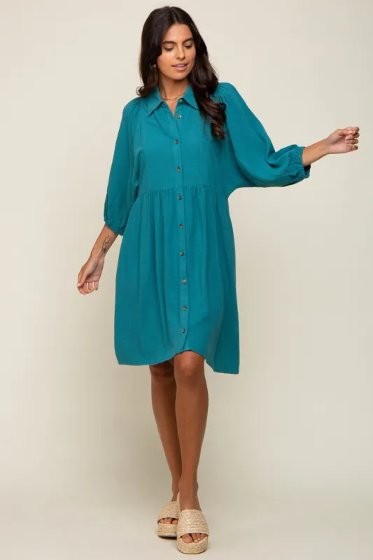 Teal Button Down Collared Dress sold by Pinkblush