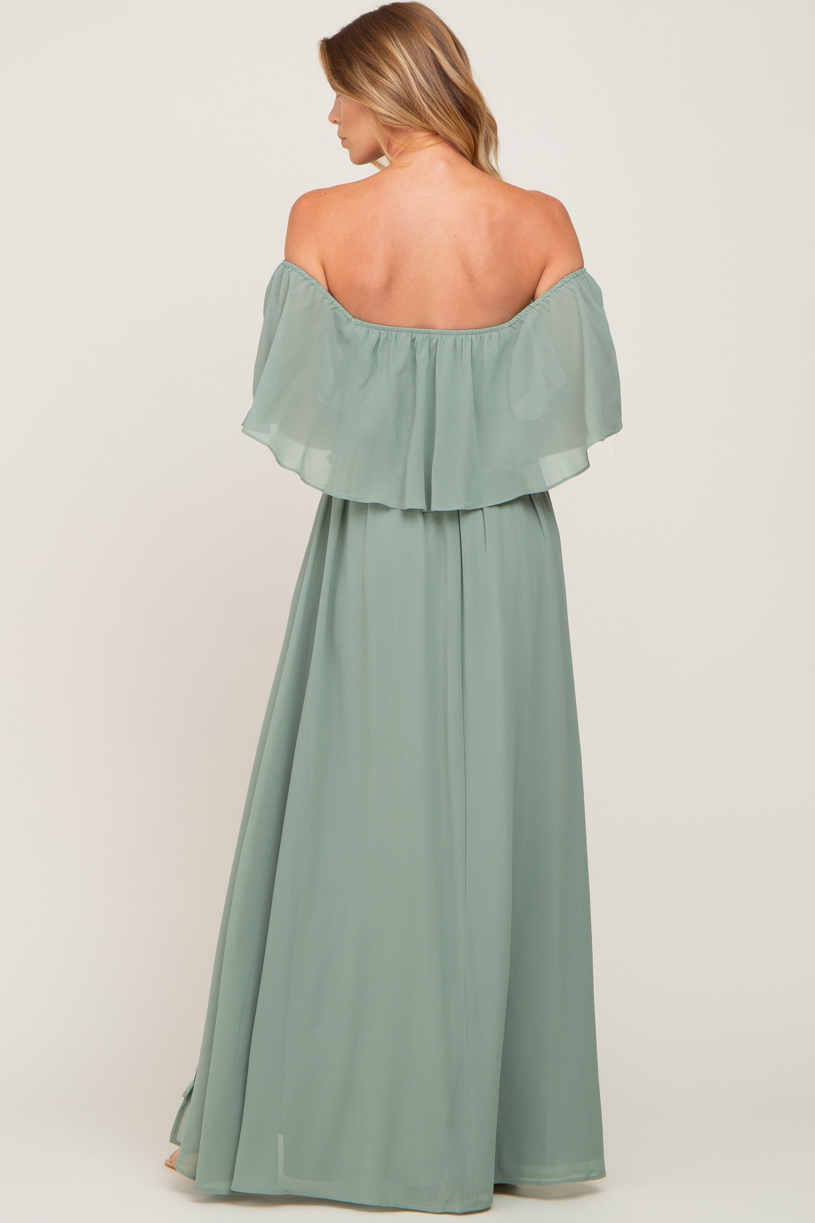 Light Olive Chiffon Off Shoulder Maxi Dress sold by Pinkblush product image thumbnail 3