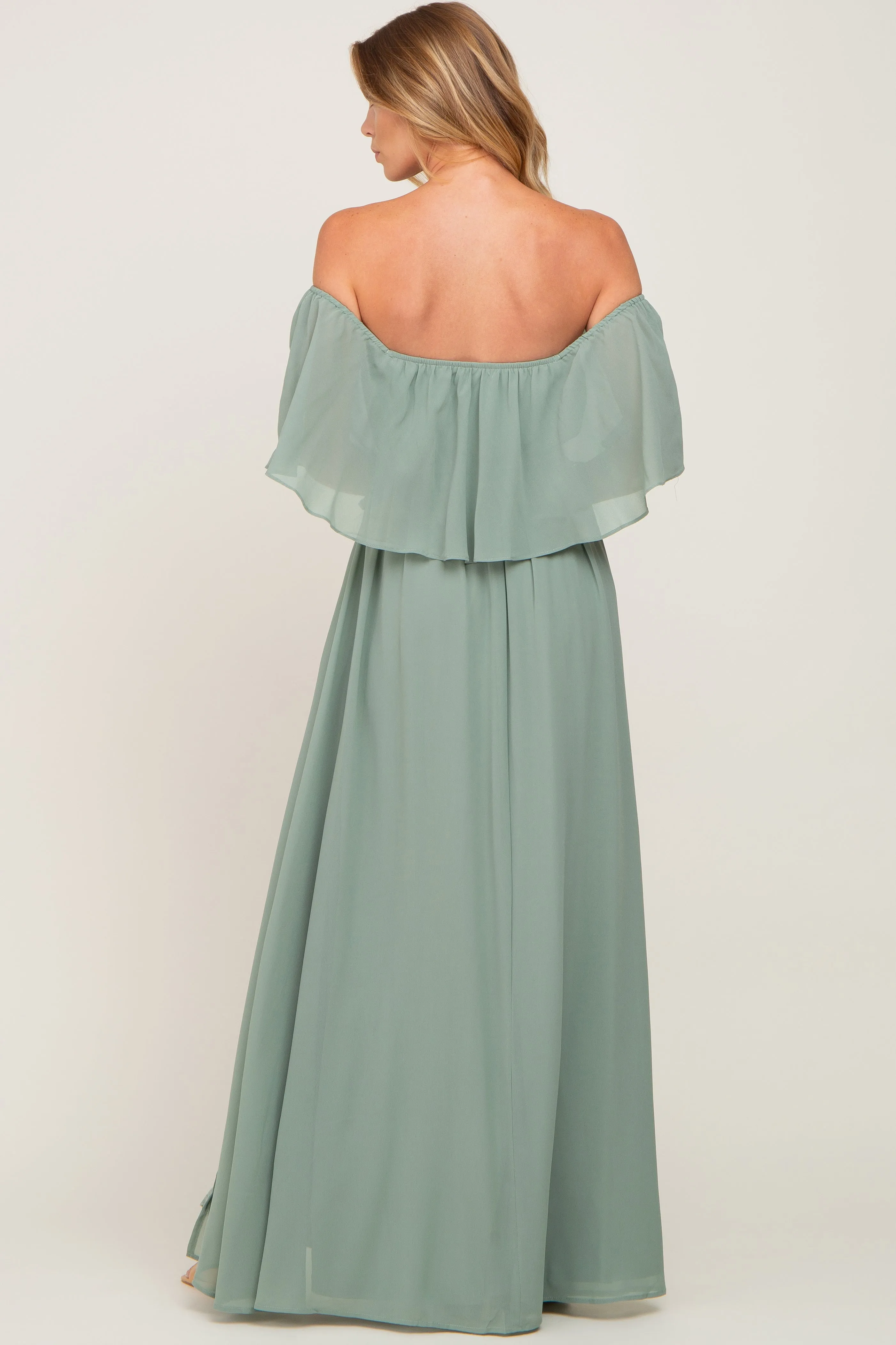 Light Olive Chiffon Off Shoulder Maxi Dress sold by Pinkblush product image thumbnail 3