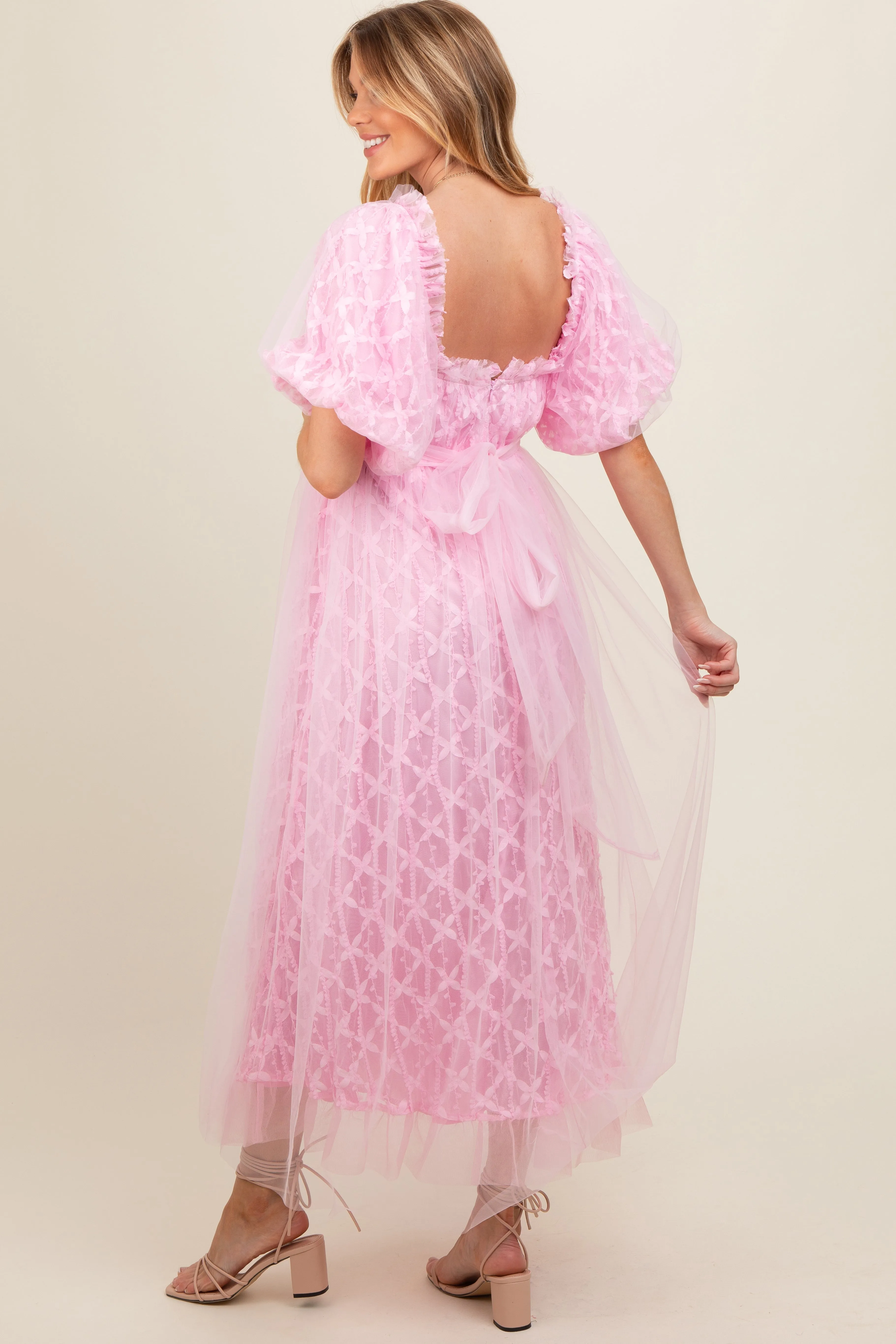 Pink Balloon Sleeve Embroidery Mesh Maternity Midi Dress sold by Pinkblush product image thumbnail 3