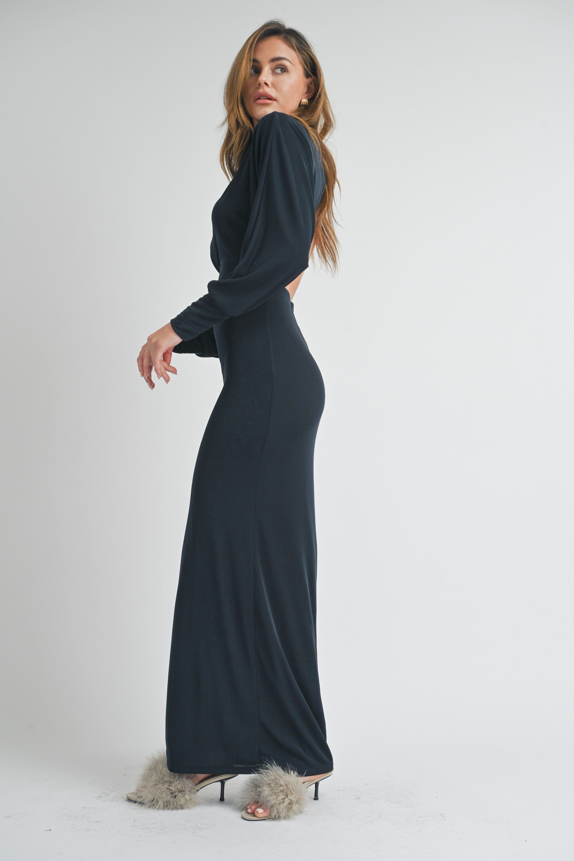 Navy Blue Long Sleeve Open Back Maxi Dress sold by Pinkblush product image thumbnail 2