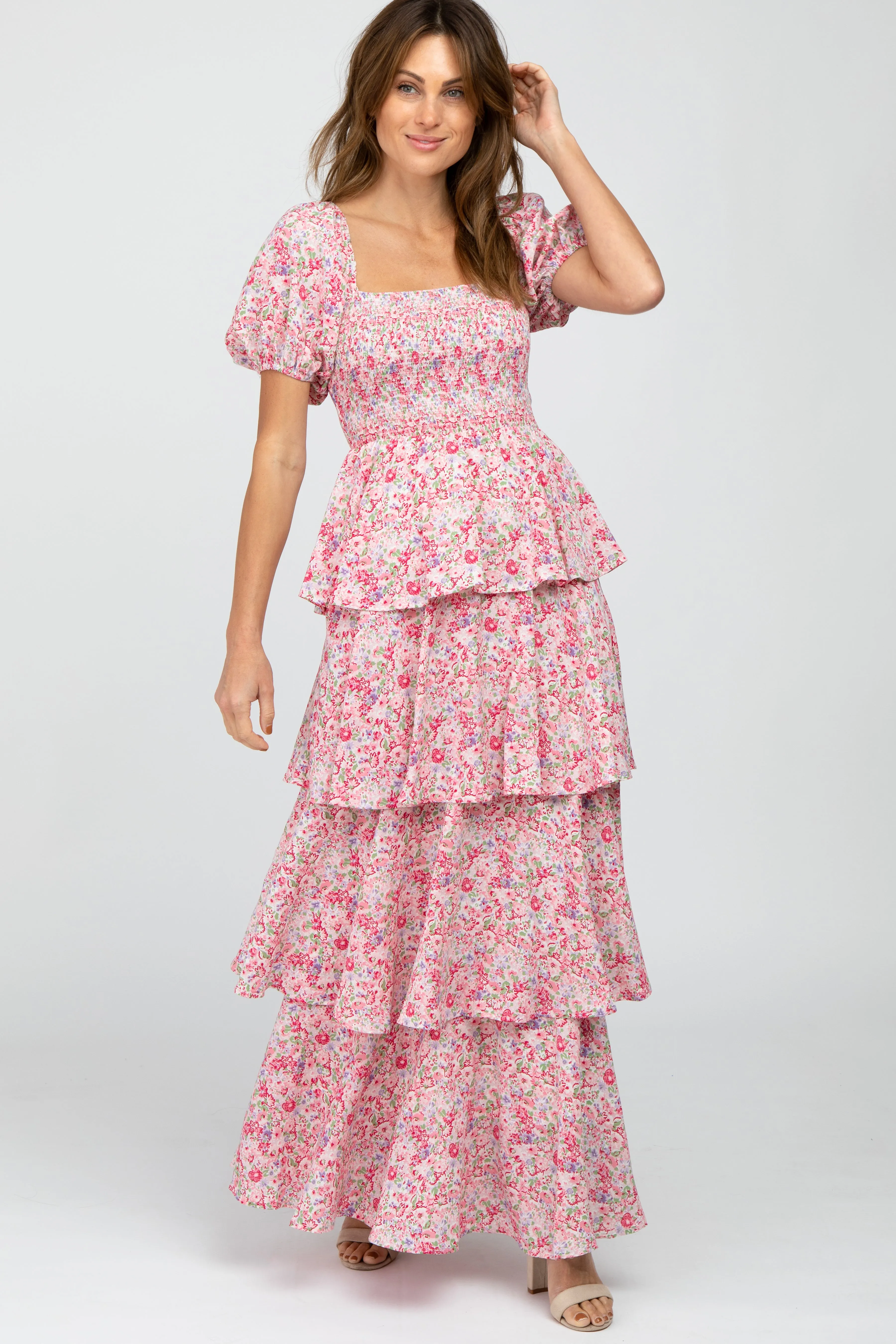 Pink Floral Square Neck Ruffle Layered Maxi Dress sold by Pinkblush