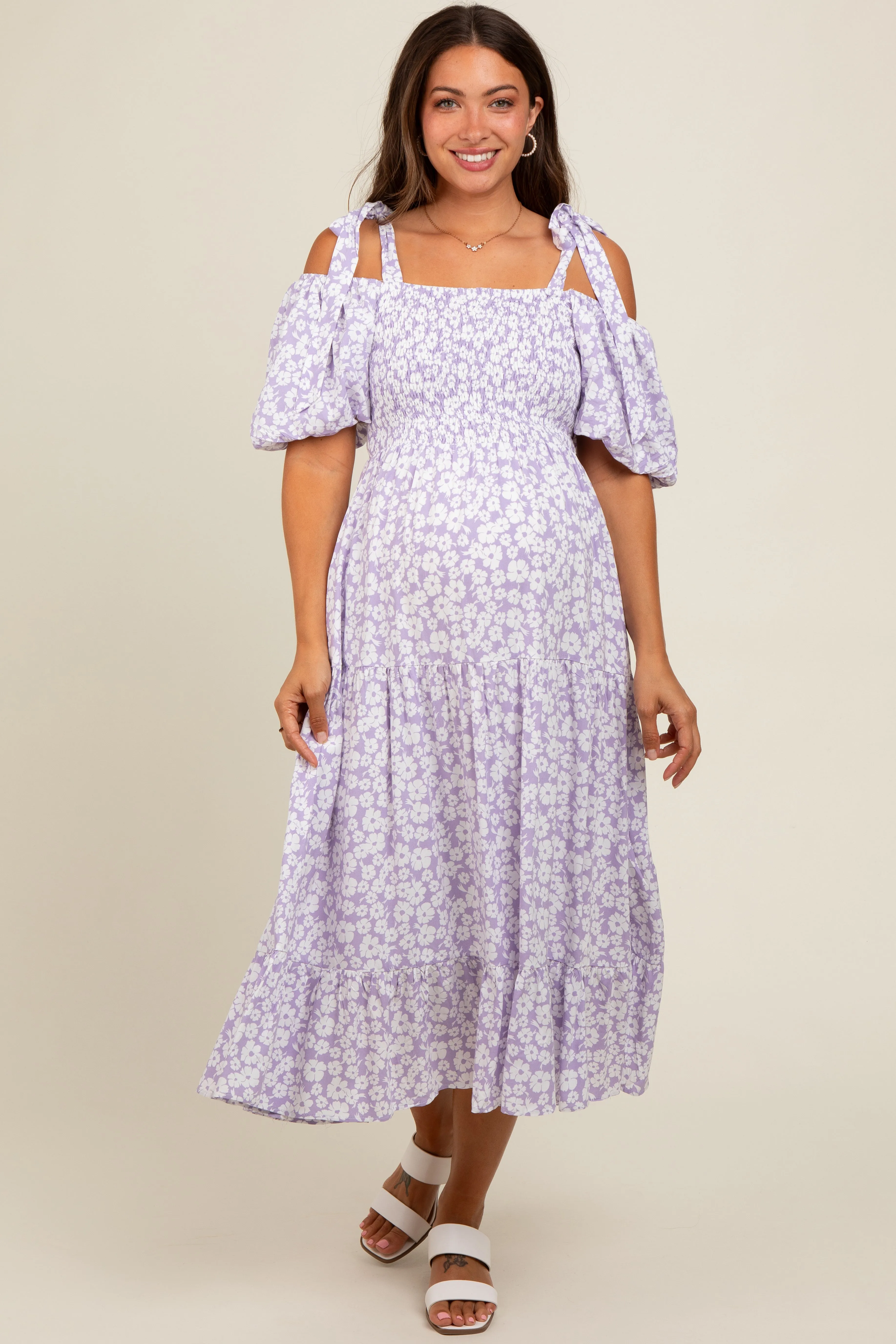Lavender Floral Off Shoulder Smocked Maternity Dress sold by Pinkblush