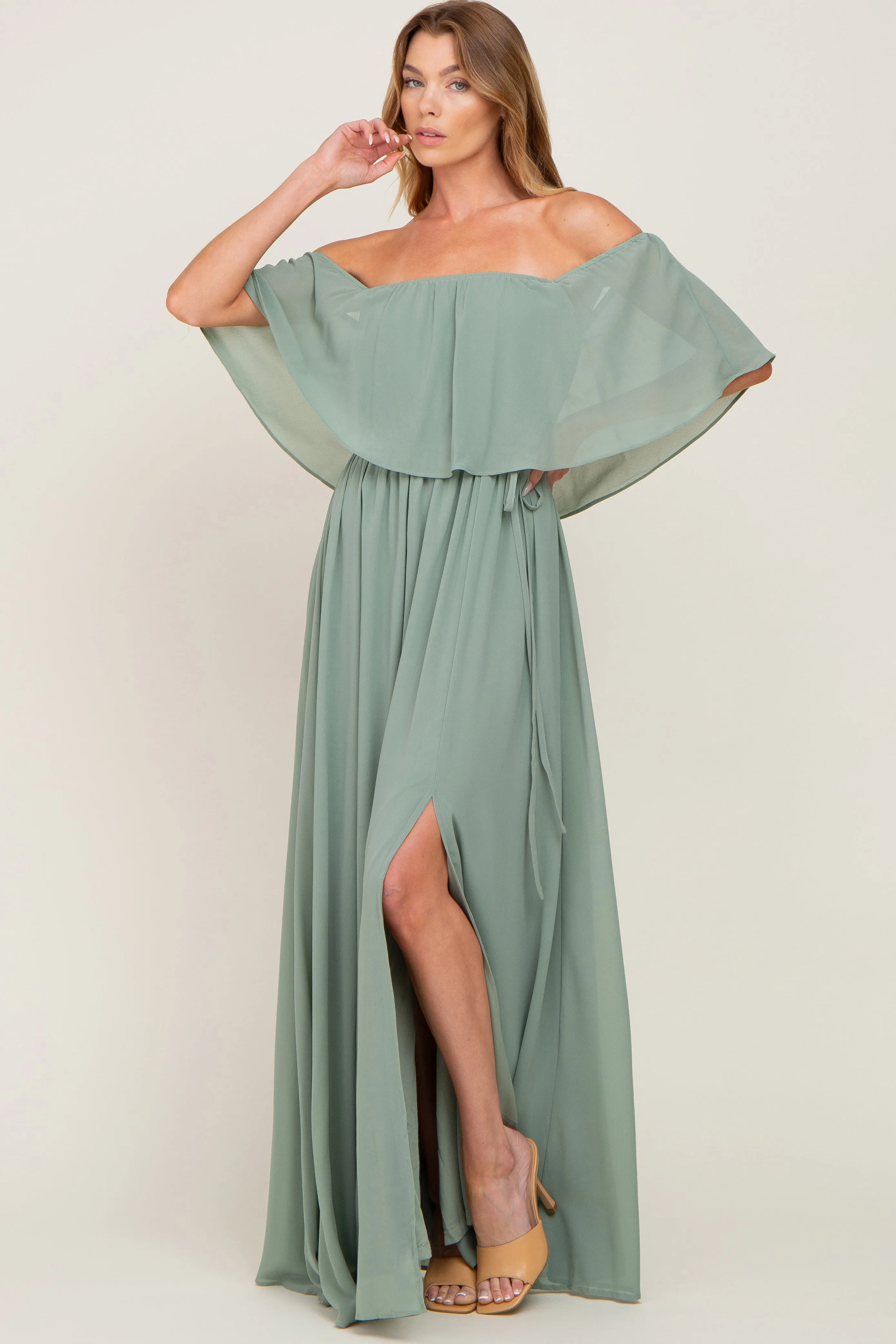 Light Olive Chiffon Off Shoulder Maxi Dress sold by Pinkblush