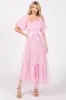 Pink Balloon Sleeve Embroidery Mesh Maternity Midi Dress sold by Pinkblush