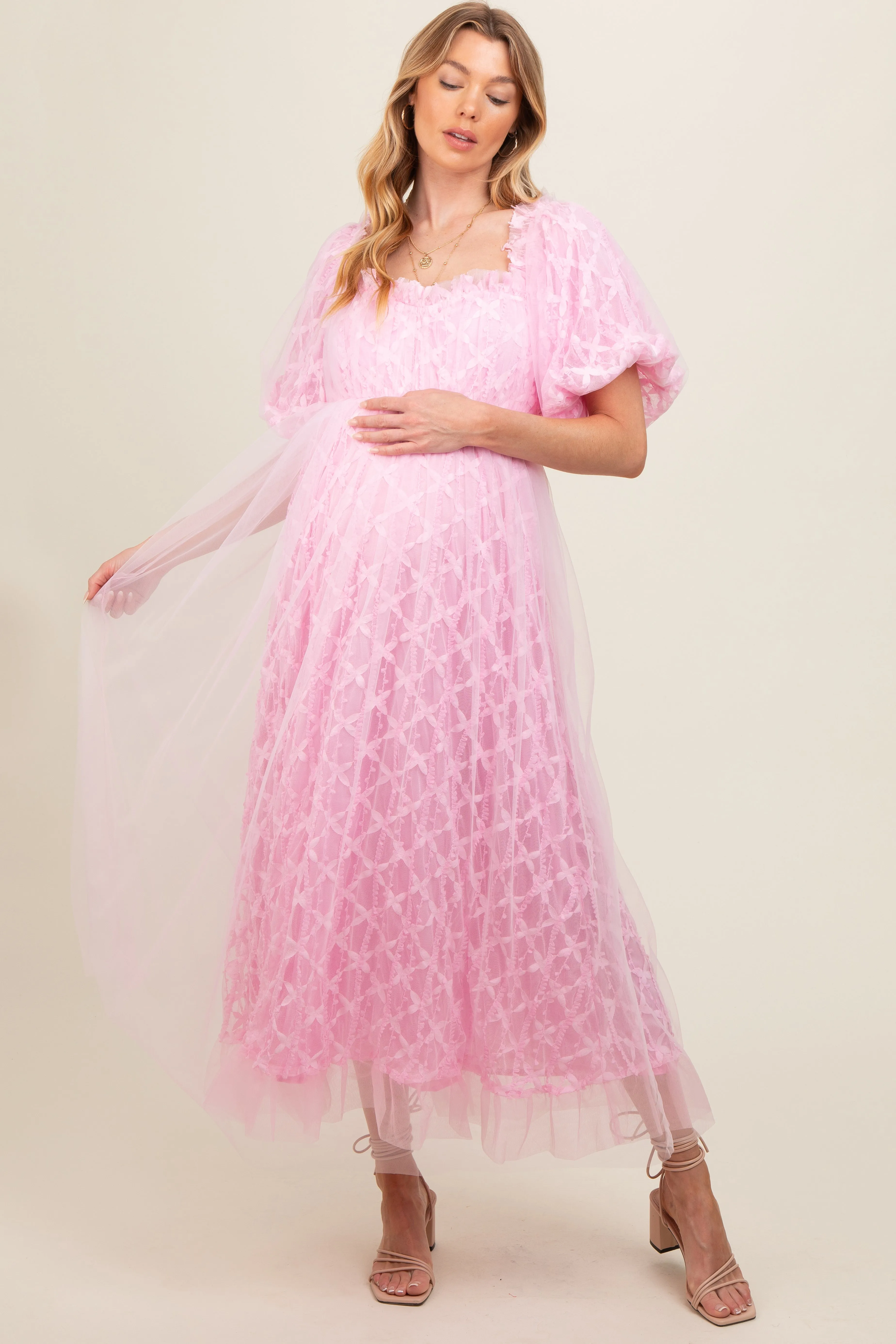 Pink Balloon Sleeve Embroidery Mesh Maternity Midi Dress sold by Pinkblush