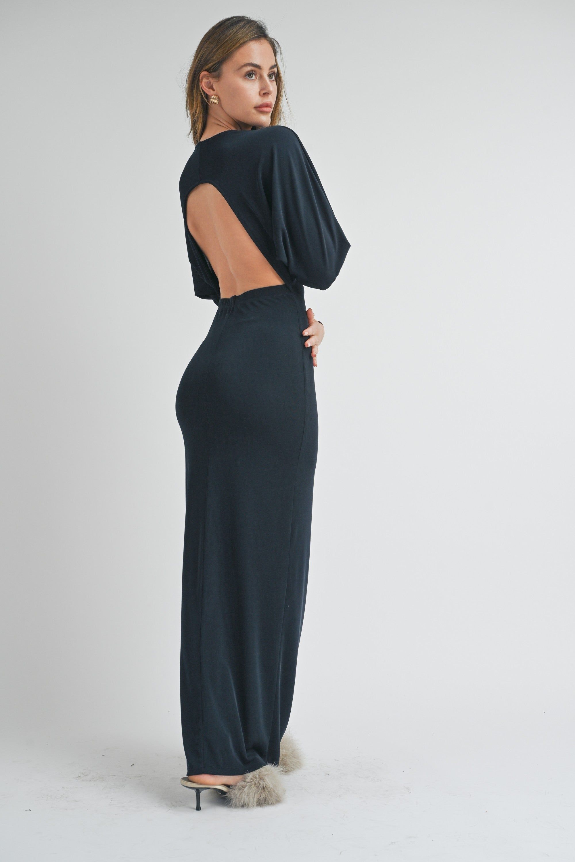 Navy Blue Long Sleeve Open Back Maxi Dress sold by Pinkblush product image thumbnail 3