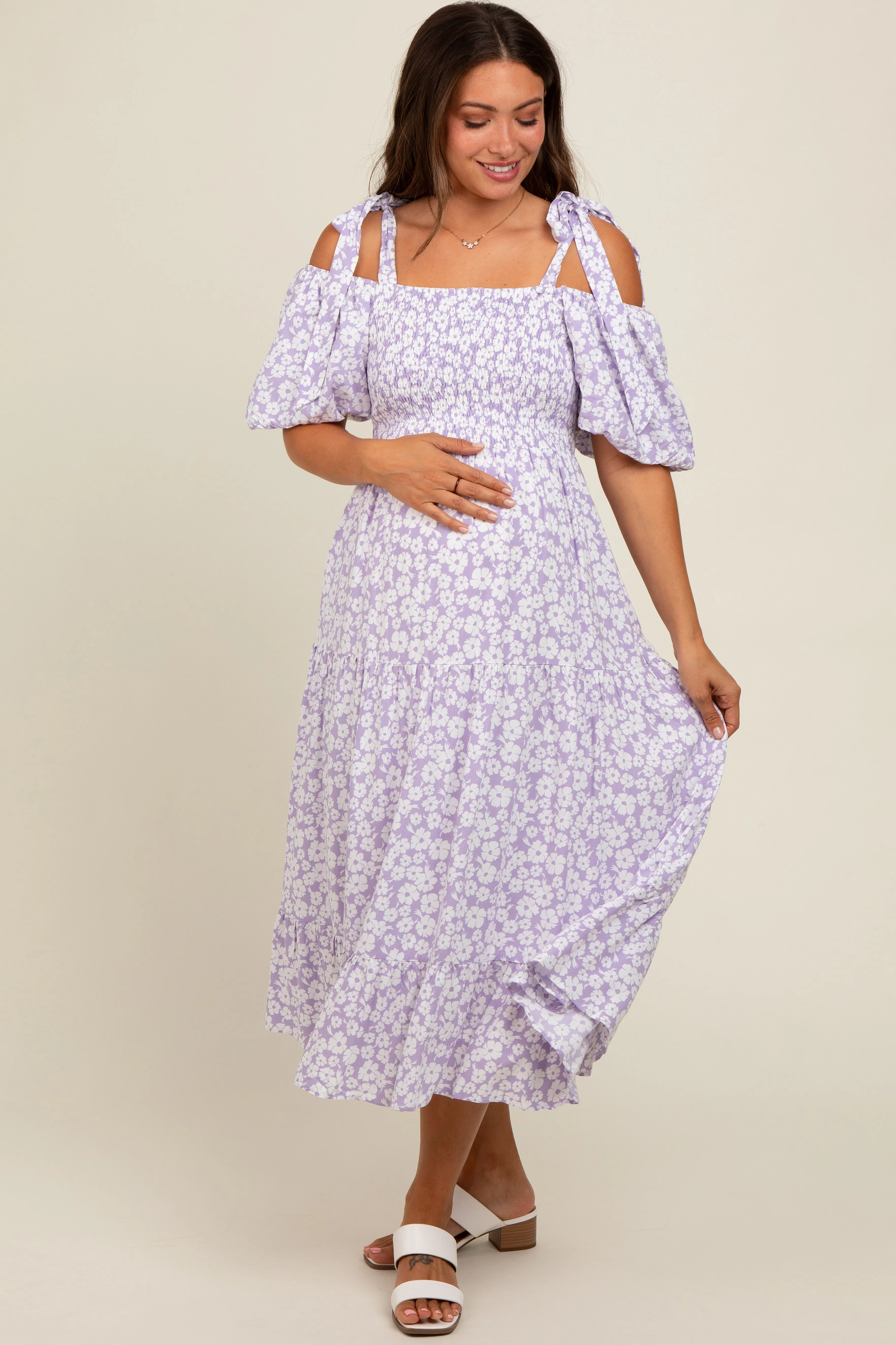 Lavender Floral Off Shoulder Smocked Maternity Dress sold by Pinkblush product image thumbnail 2