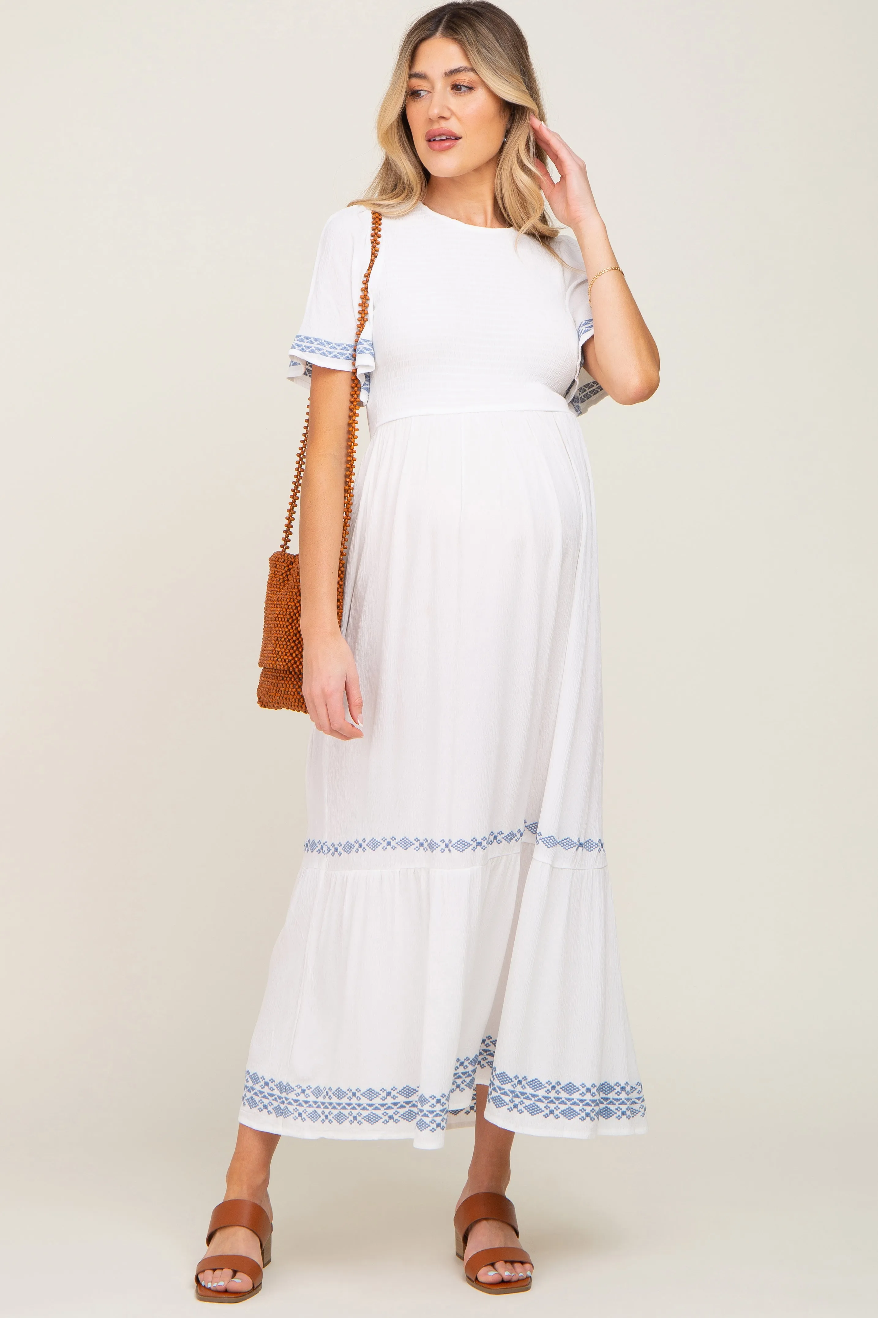 White Embroidered Accent Maternity Maxi Dress sold by Pinkblush