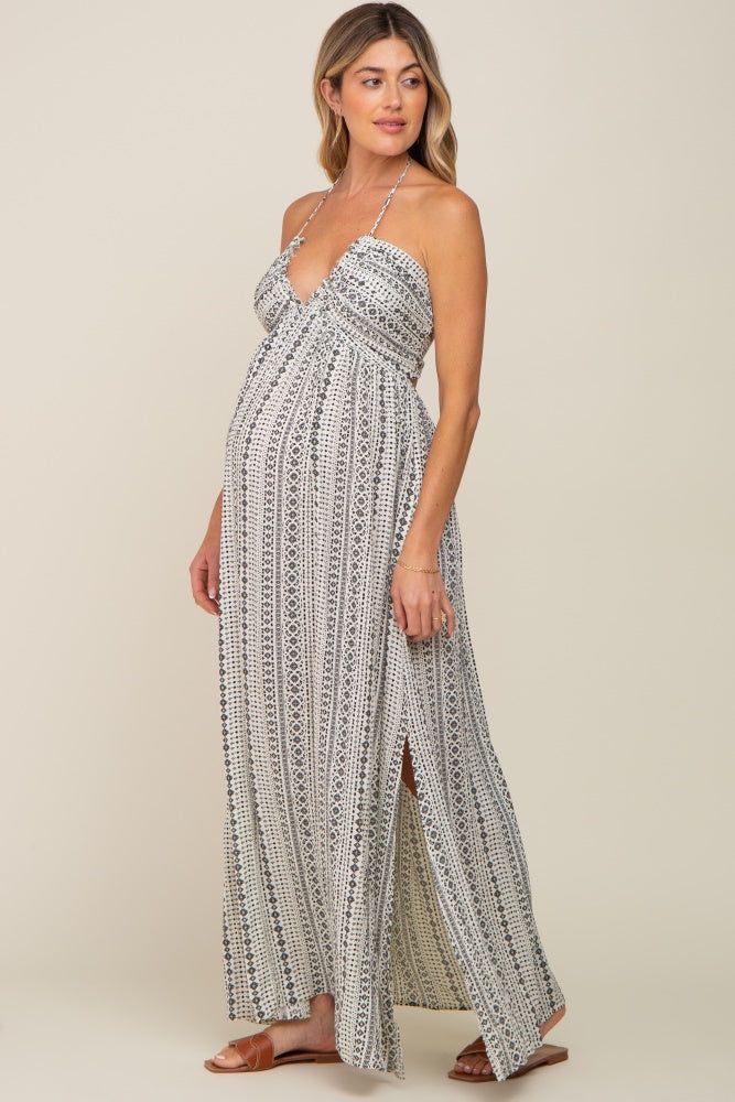 Ivory Halter Printed Side Slit Maternity Maxi Dress sold by Pinkblush product image thumbnail 2