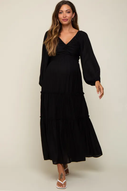 Black Ruched Front Cutout Back Tiered Maternity Maxi Dress sold by Pinkblush