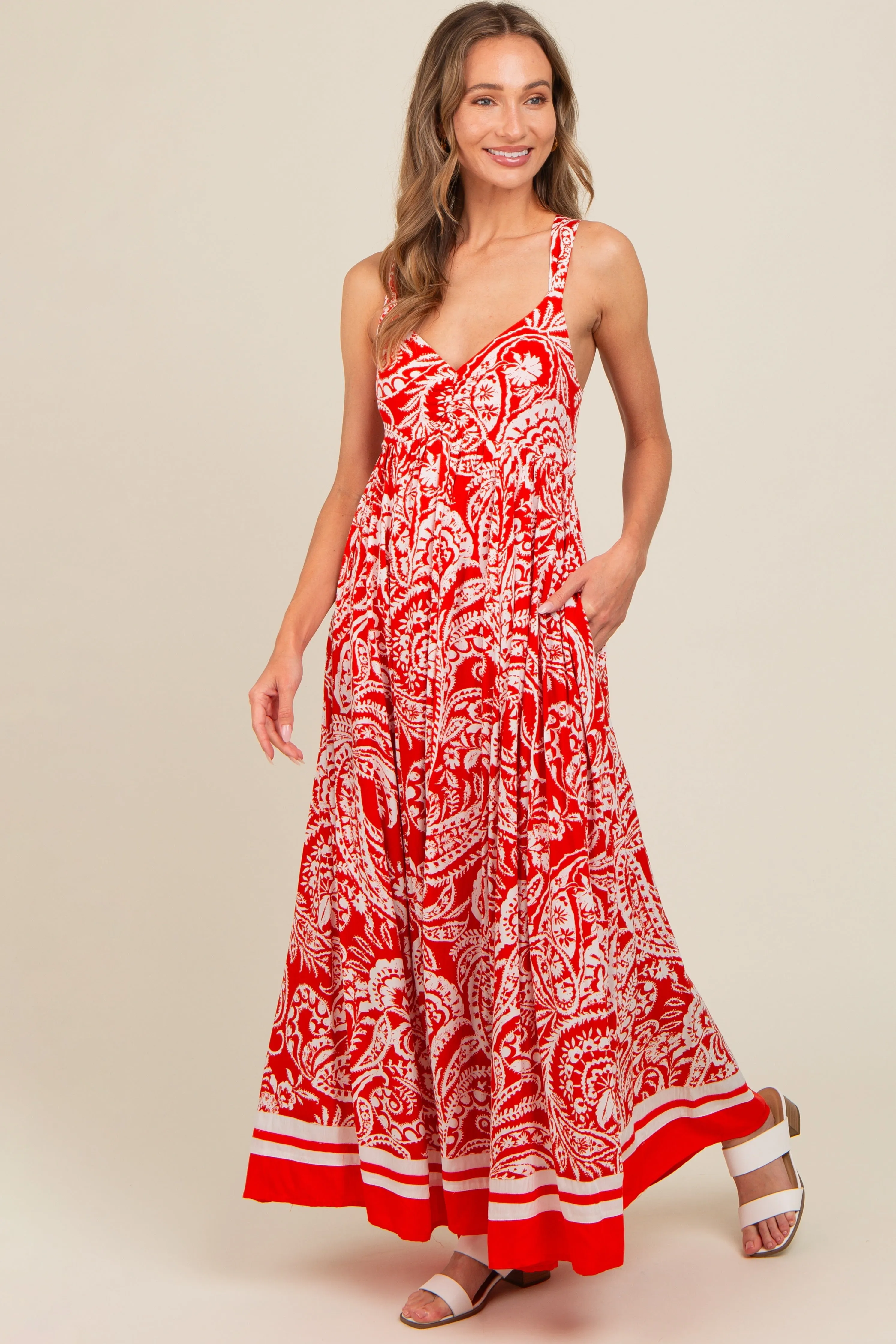 Red Paisley Cutout Back Maxi Dress sold by Pinkblush