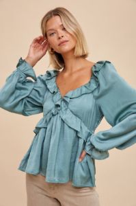 Dark Sage Washed Satin Cross Ruffled Long Sleeve Blouse sold by Pinkblush