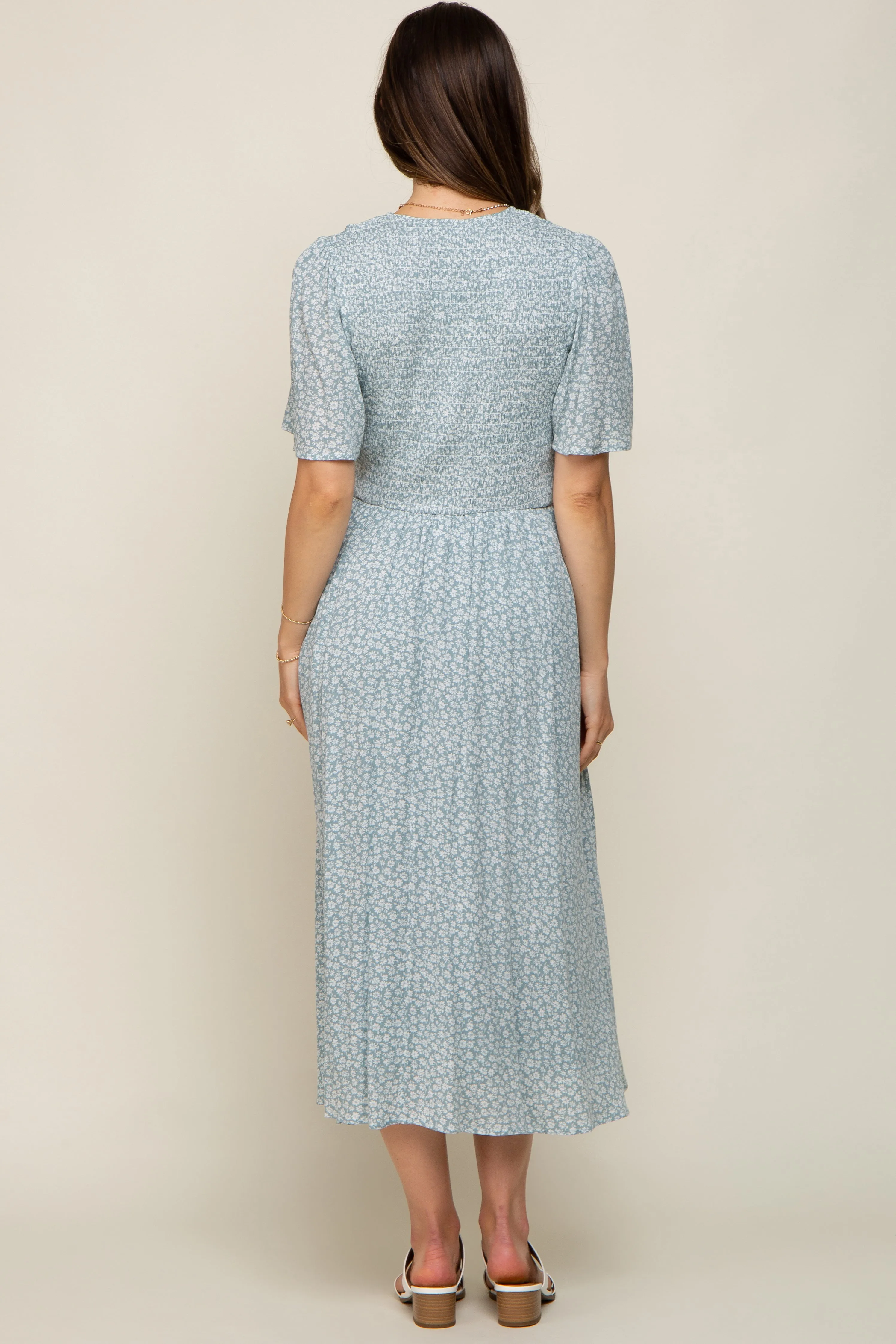 Mint Green Floral Button Front Smocked Flutter Sleeve Maternity Midi Dress sold by Pinkblush product image thumbnail 2