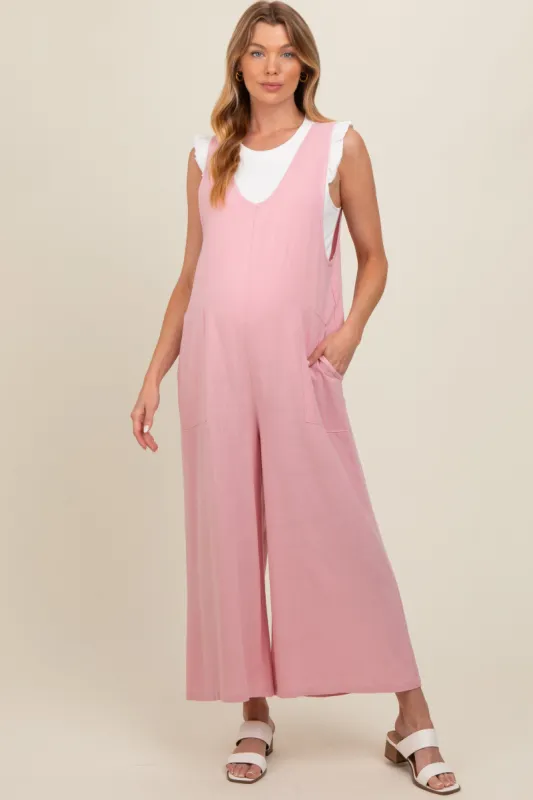 Pink V-Neck Wide Leg Maternity Jumpsuit made by Pinkblush