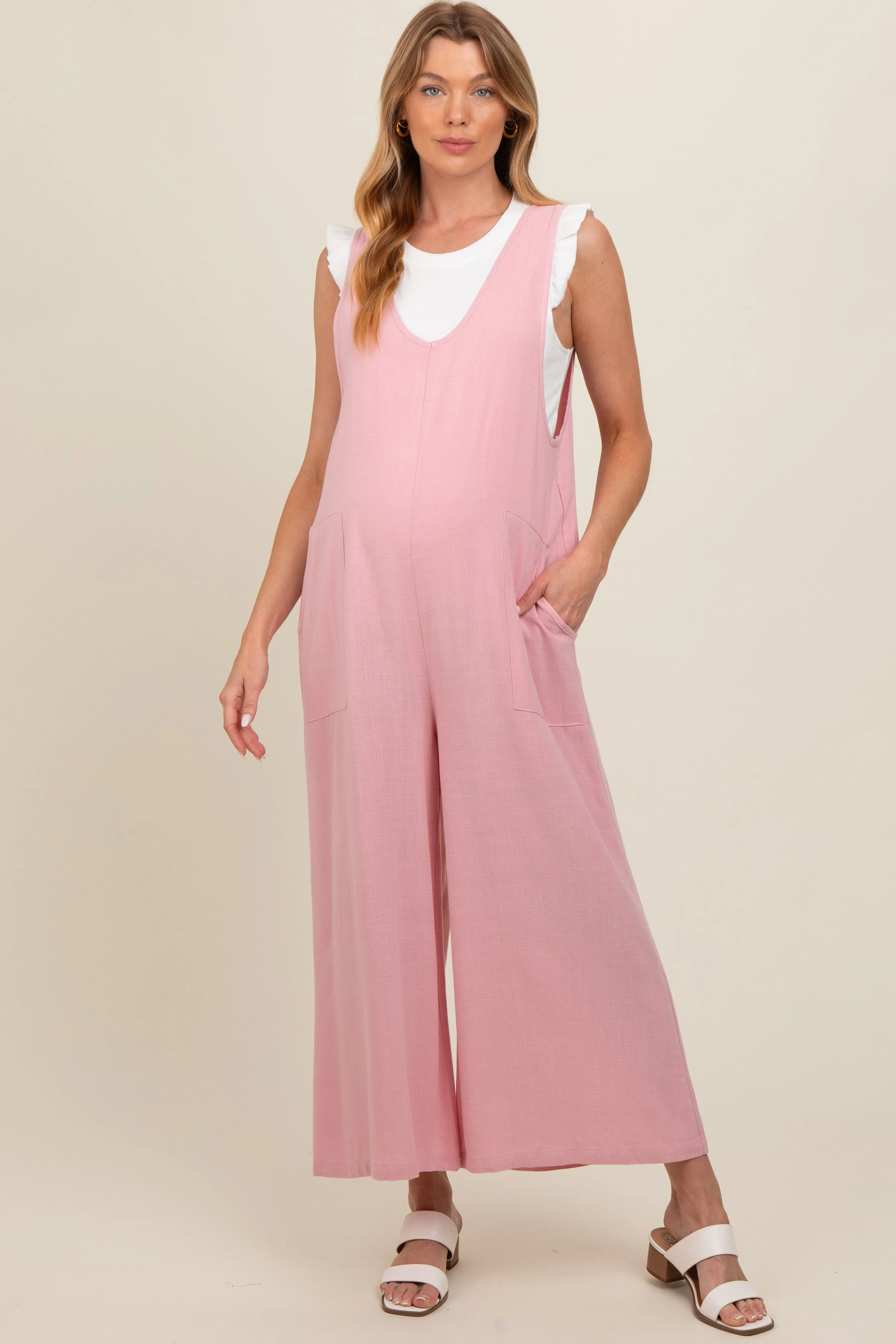Pink V-Neck Wide Leg Maternity Jumpsuit sold by Pinkblush