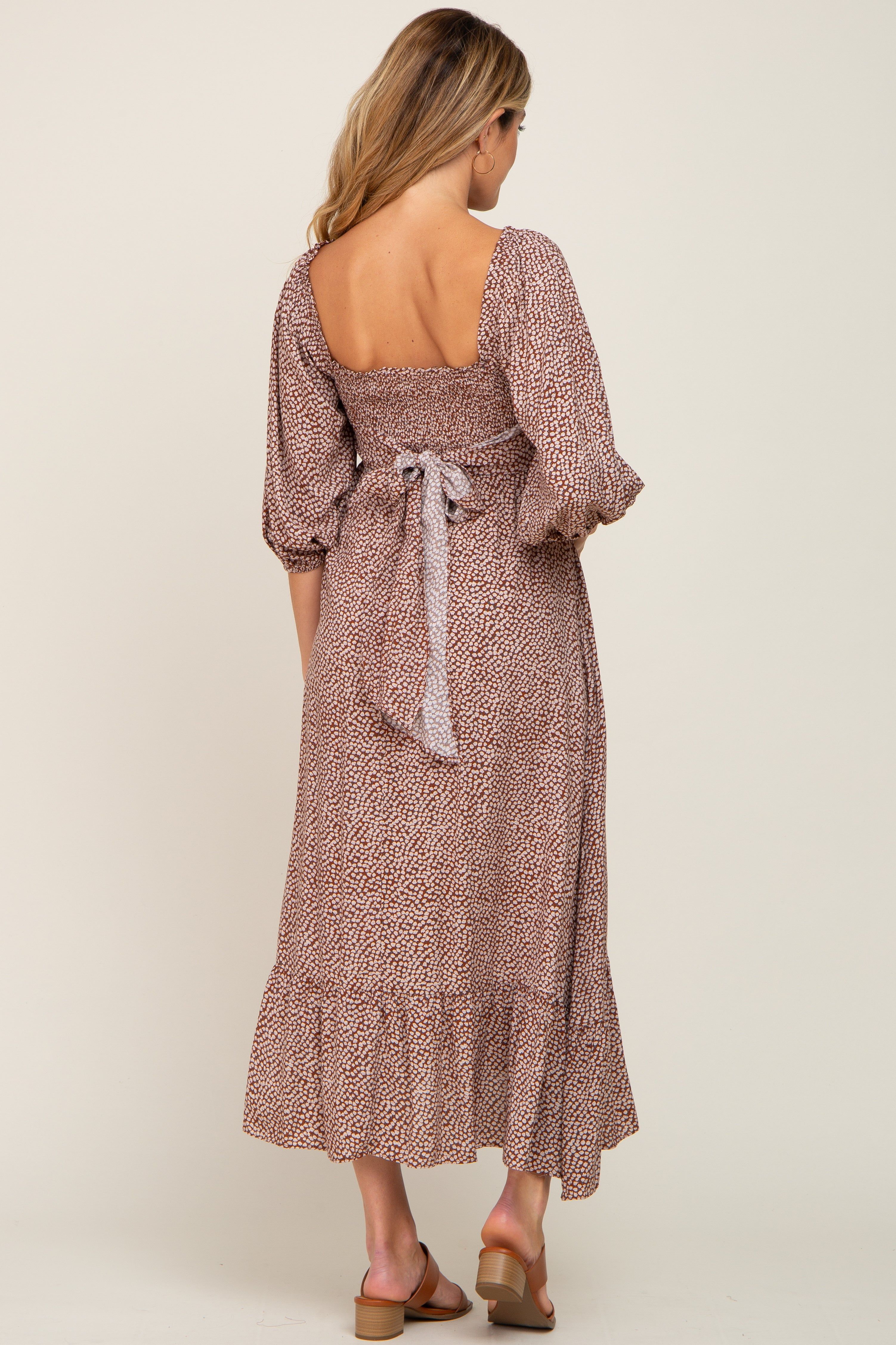 Rust Ditsy Floral Smocked 3/4 Sleeve Maternity Midi Dress sold by Pinkblush product image thumbnail 3