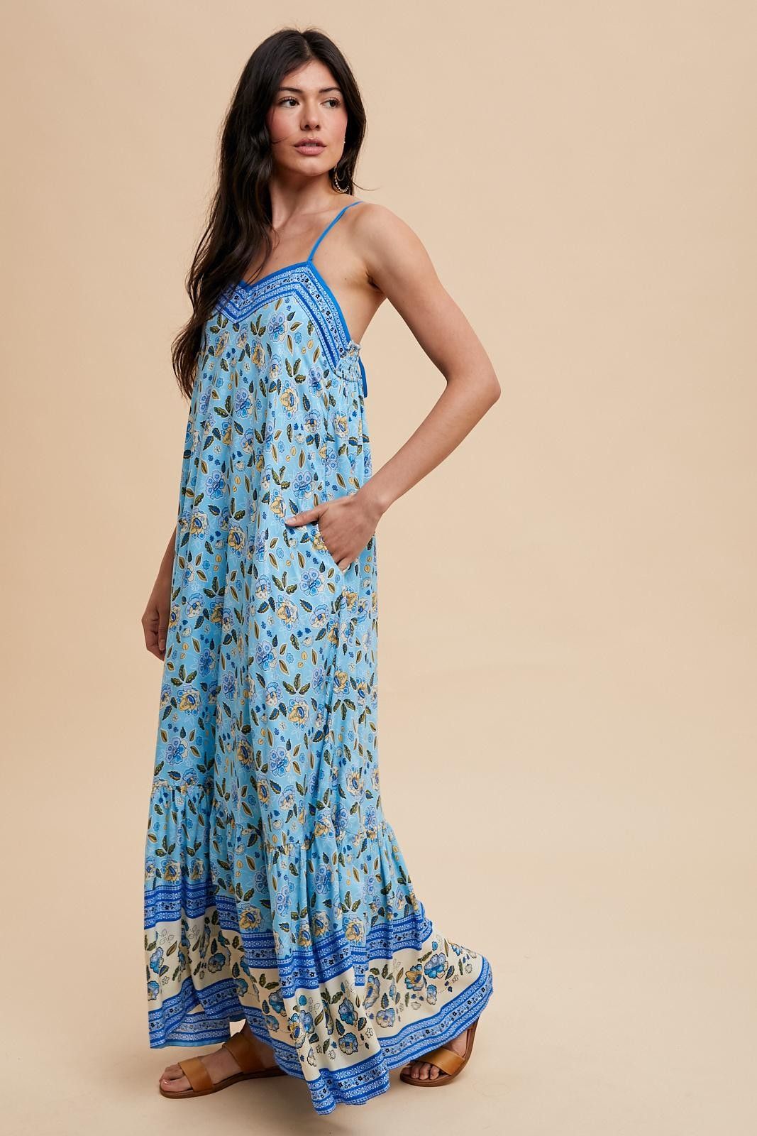 Blue Floral Border Print Lace Up Back Maxi Dress sold by Pinkblush product image thumbnail 2