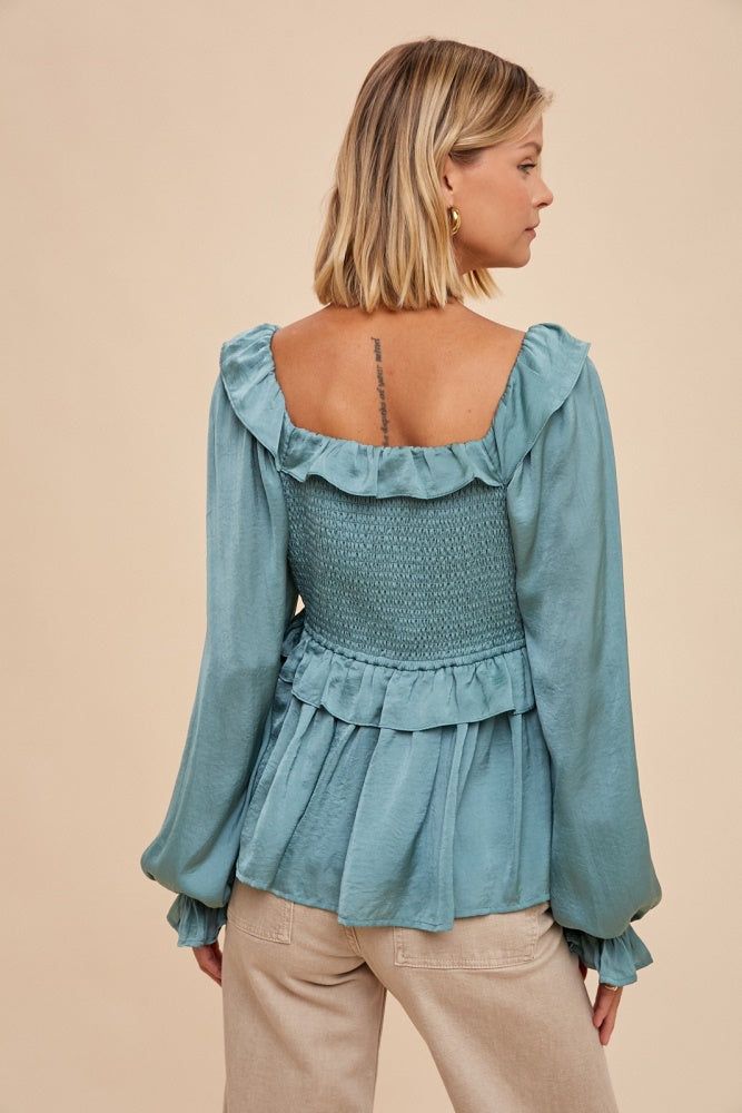 Dark Sage Washed Satin Cross Ruffled Long Sleeve Blouse sold by Pinkblush product image thumbnail 3