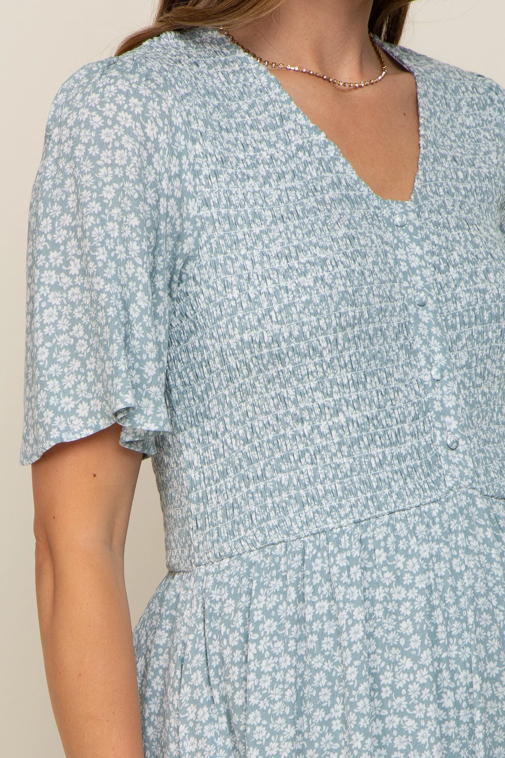 Mint Green Floral Button Front Smocked Flutter Sleeve Maternity Midi Dress sold by Pinkblush product image thumbnail 3